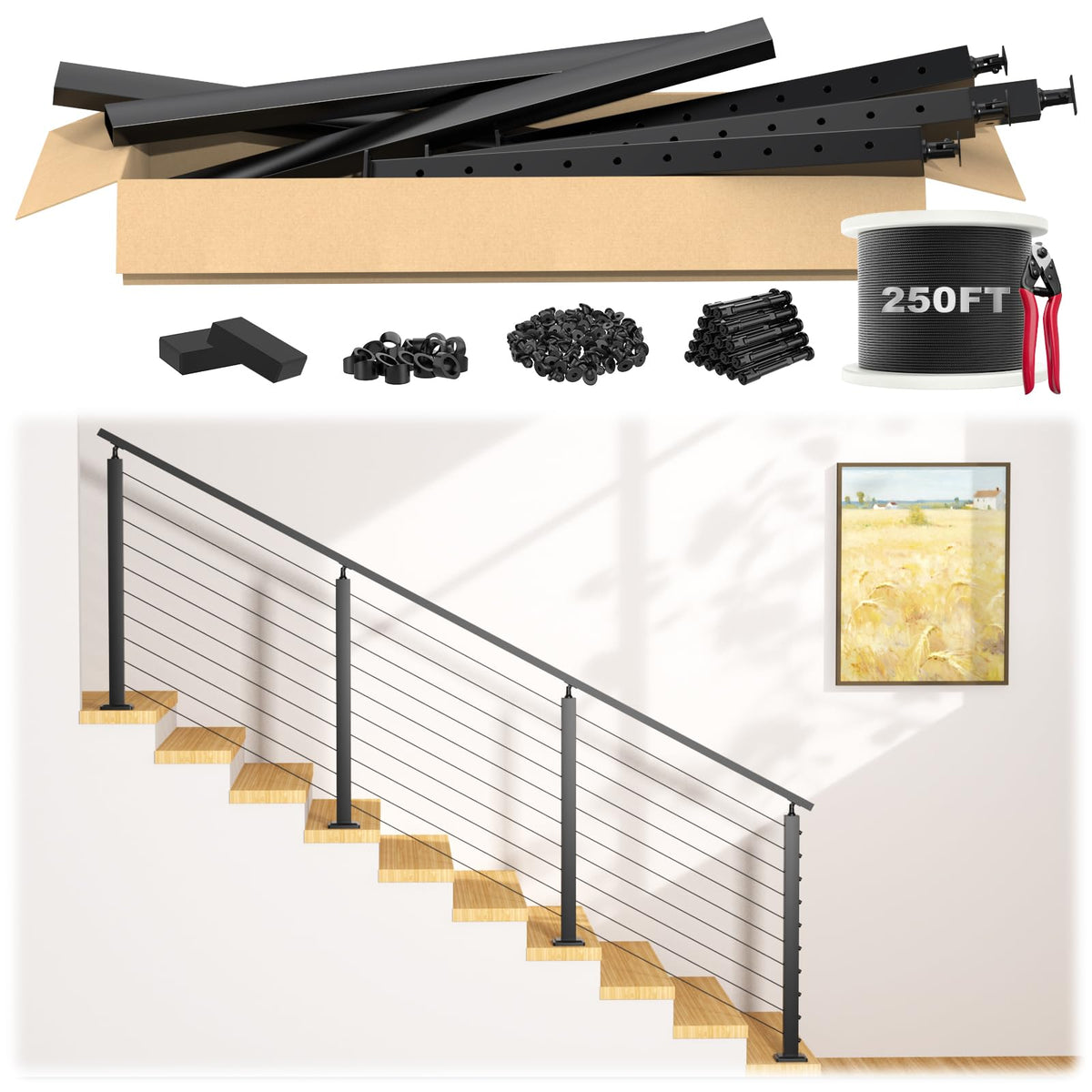 12ft-16ft Complete Set 36" Cable Railing Post with Handrail, 4 Pack Surface Mount Flact Top Level-Drilled Posts, 250ft 1/8" Wire Rope, Swageless Black Cable Railing System Kit, MY20-LP