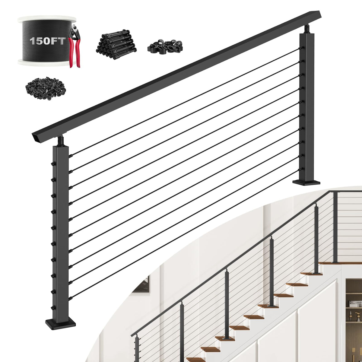12ft-16ft Complete Set 36" Cable Railing Post with Handrail, 4 Pack Surface Mount Flact Top Level-Drilled Posts, 250ft 1/8" Wire Rope, Swageless Black Cable Railing System Kit, MY20-LP