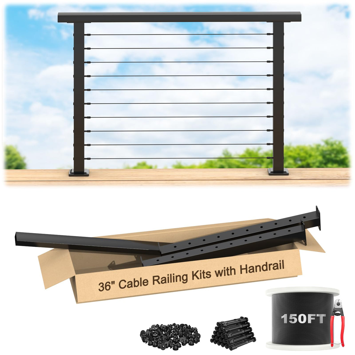 12ft-16ft Complete Set 36" Cable Railing Post with Handrail, 4 Pack Surface Mount Flact Top Level-Drilled Posts, 250ft 1/8" Wire Rope, Swageless Black Cable Railing System Kit, MY20-LP