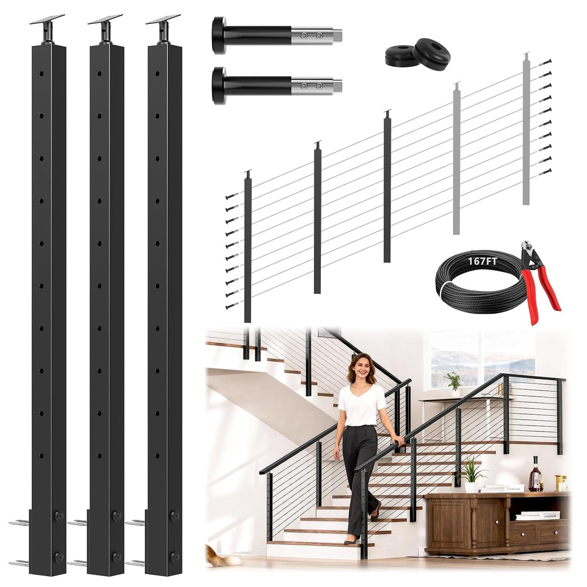 36" All Black Side Mount Stair Cable Railing Post Kits, 3 Pack Space-Saving Fascia Mount Stair Railing System Includes Side Mount Posts, 167FT Cable, 20 Swageless Patent Tensioner (No Handrail)