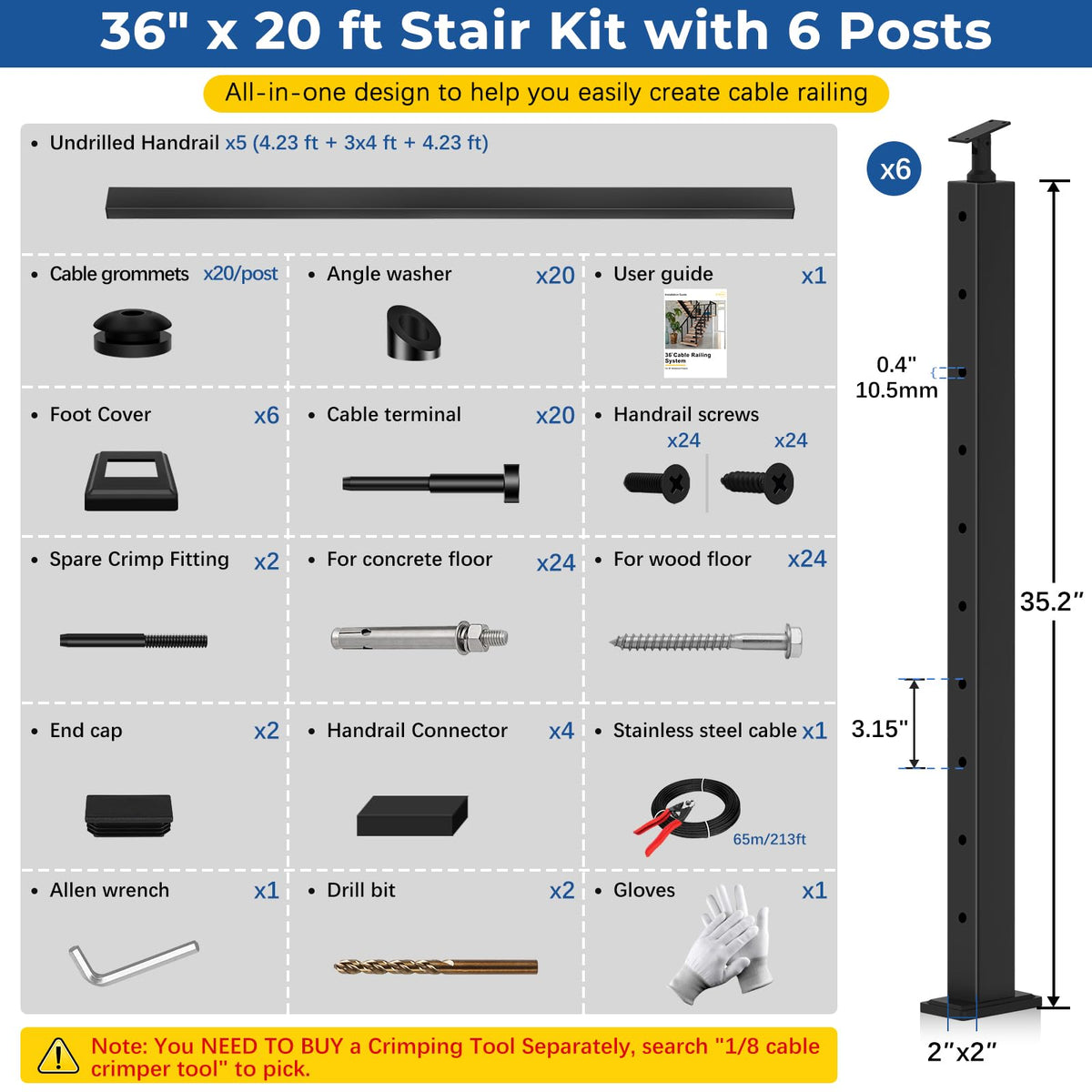 2ft-4ft Modular 36in Cable Railing System for Deck with Handrail