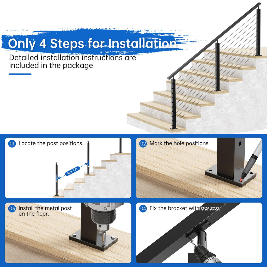 4 Pack 36" Modular Swageless Cable Railing Level Post for Decks
