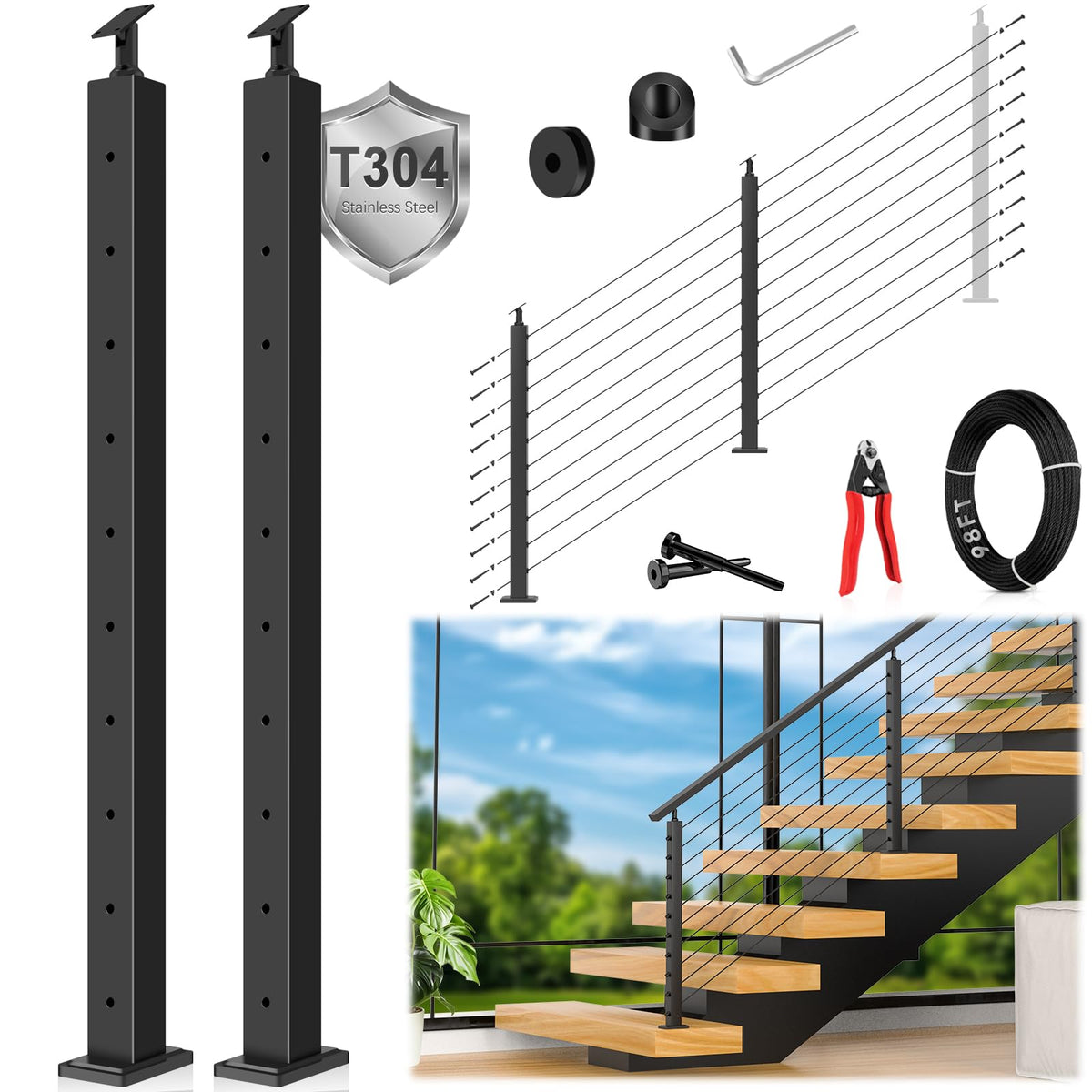 36" Modular 12-16FT Cable Railing Post Kit for Deck Surface Mount