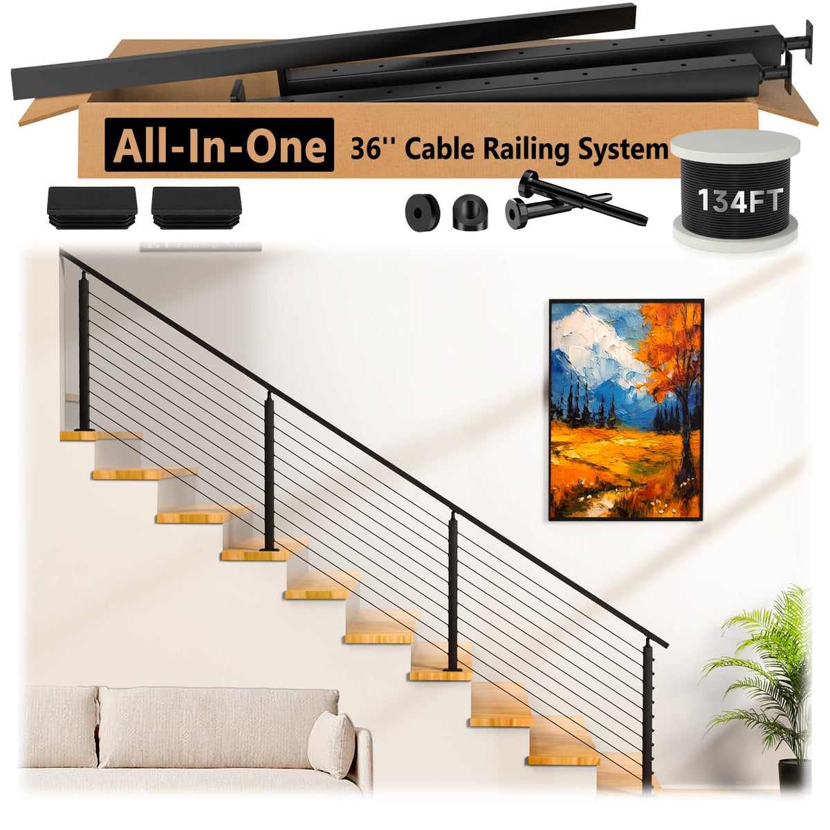 2ft-4ft Modular 36in Cable Railing System for Deck with Handrail