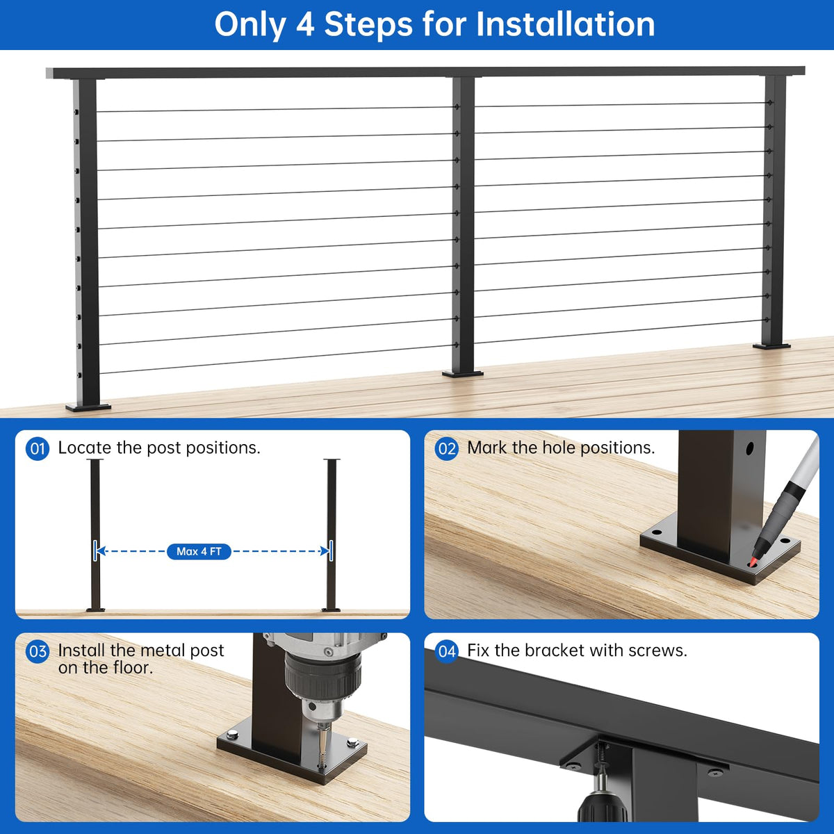 4 Pack 36" Modular Swageless Cable Railing Level Post for Decks