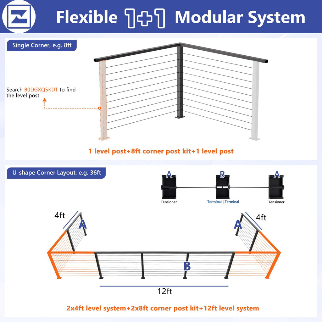 2ft-4ft Modular 36in Cable Railing System for Deck with Handrail