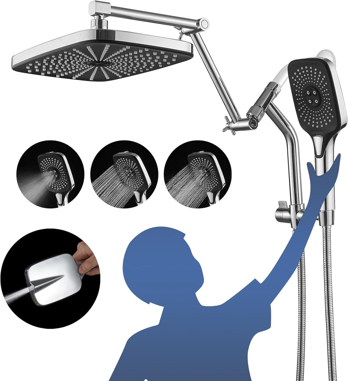 12" High Pressure Shower Head with Handheld, Metal Core Fittings, Chrome