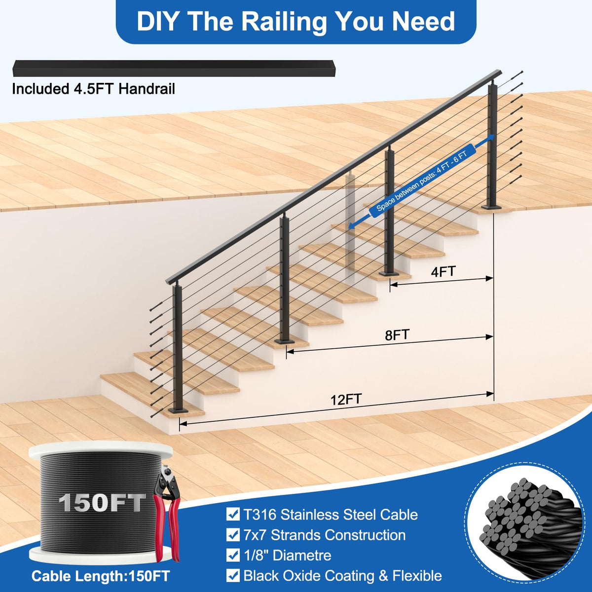 12ft-16ft Complete Set 36" Cable Railing Post with Handrail, 4 Pack Surface Mount Flact Top Level-Drilled Posts, 250ft 1/8" Wire Rope, Swageless Black Cable Railing System Kit, MY20-LP