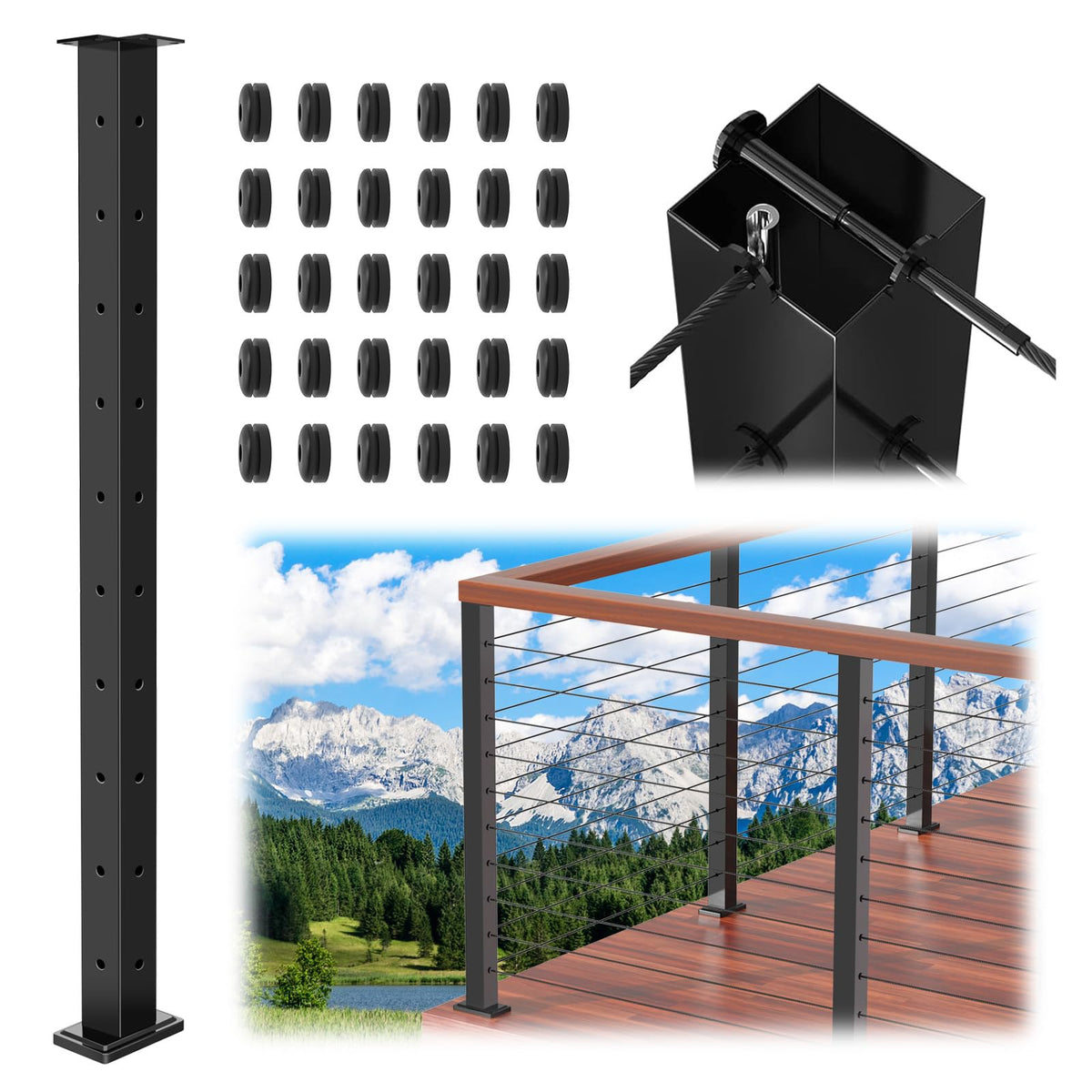 36" Modular 12-16FT Cable Railing Post Kit for Deck Surface Mount