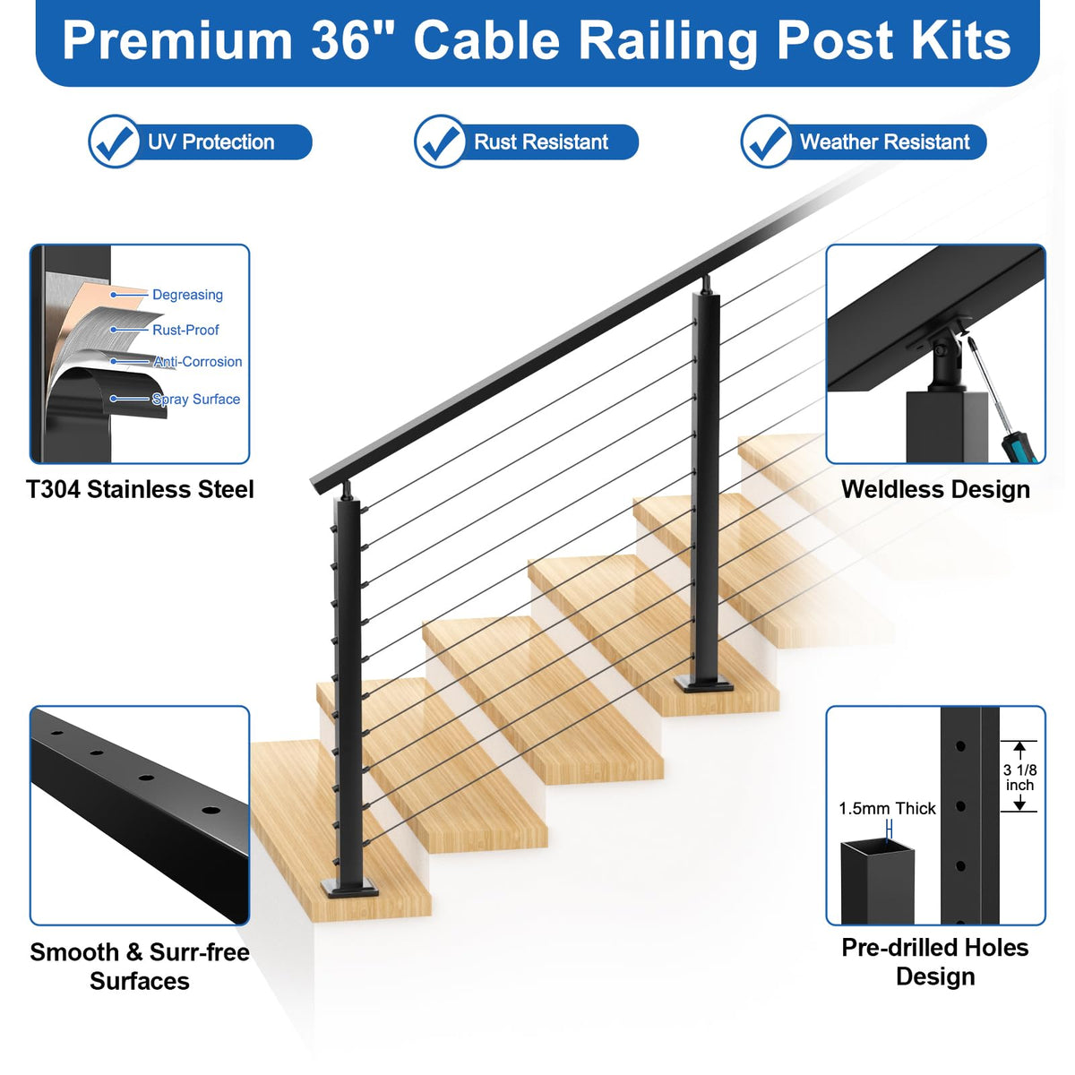 12ft-16ft Complete Set 36" Cable Railing Post with Handrail, 4 Pack Surface Mount Flact Top Level-Drilled Posts, 250ft 1/8" Wire Rope, Swageless Black Cable Railing System Kit, MY20-LP