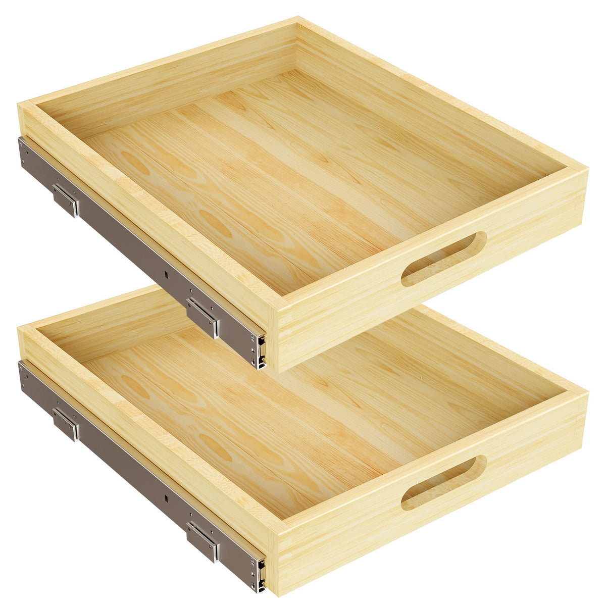2 Set Pull Out Cabinet Organizer, Soft Close Slide Out Wood Drawer Storage Shelves for Kitchen, Base Cabinet Organization for Pantry, Finished, Heavy-Duty, Bottom Assembly (18â W x 21â D)