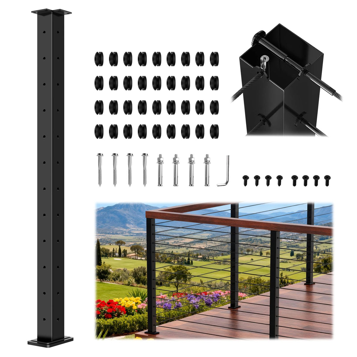 42" Modular 20-24FT Cable Railing Post Kit for Deck, Surface-Mount