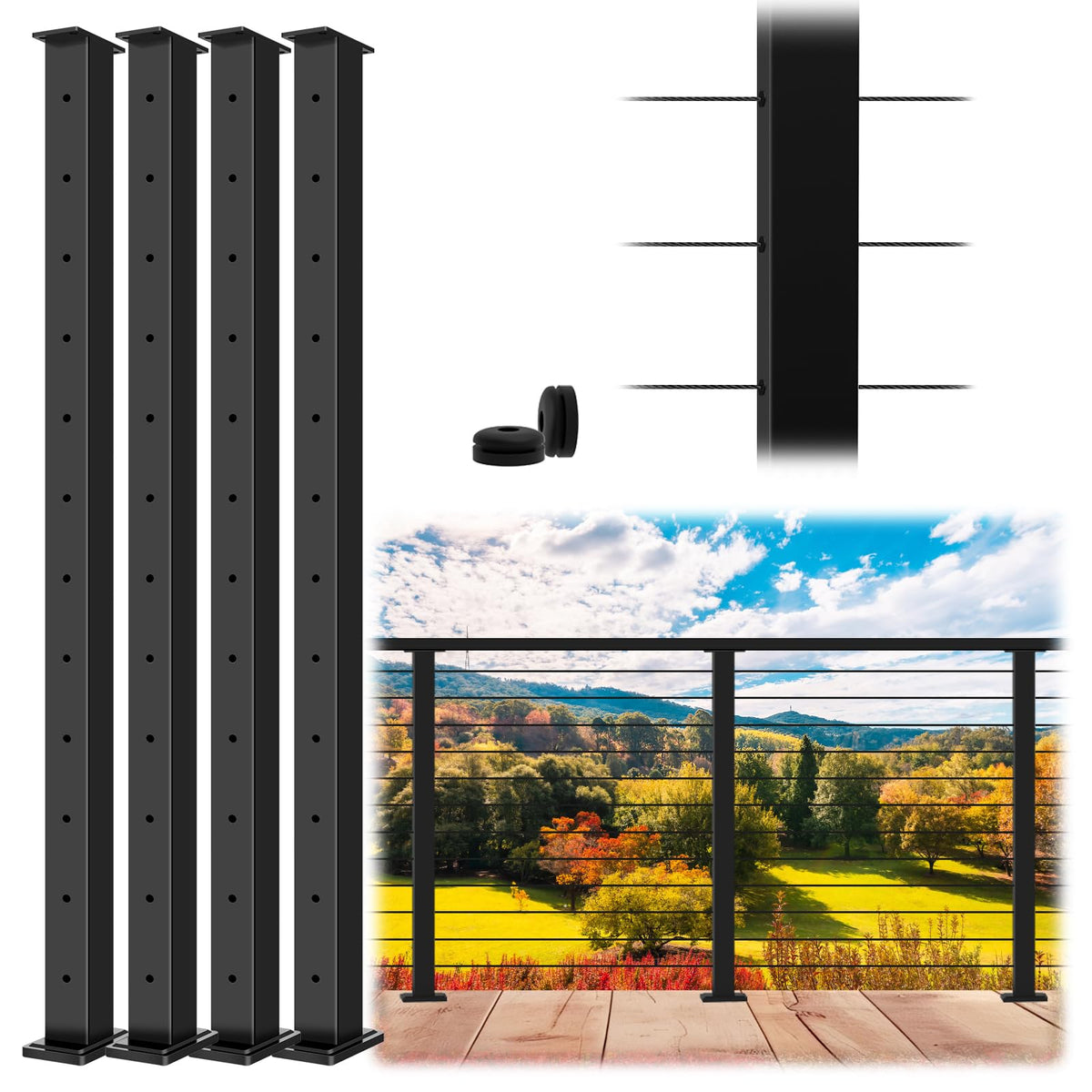 42" Modular 20-24FT Cable Railing Post Kit for Deck, Surface-Mount