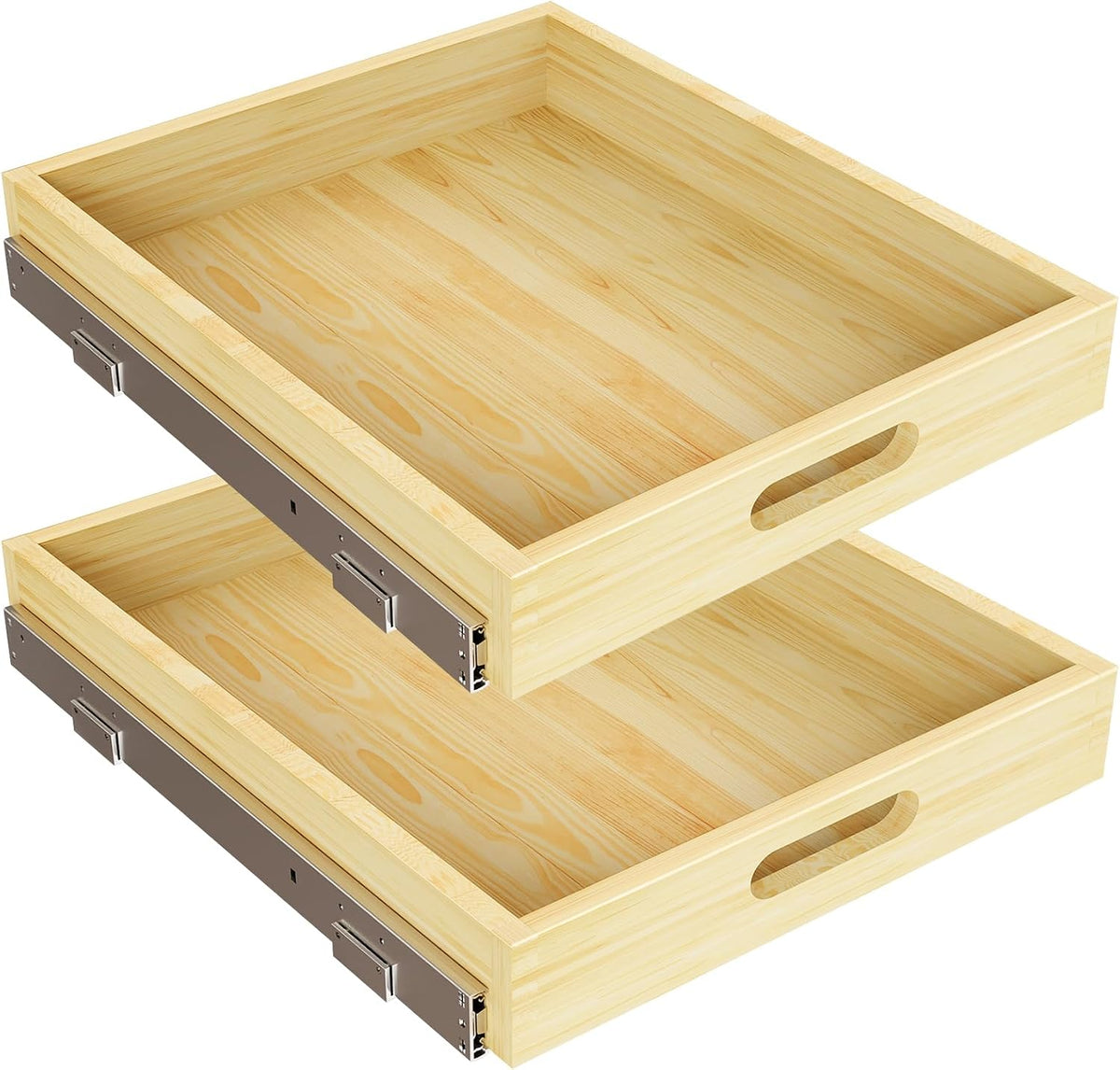 2 Set Pull Out Cabinet Organizer, Soft Close Slide Out Wood Drawer Storage Shelves for Kitchen, Base Cabinet Organization for Pantry, Finished, Heavy-Duty, Bottom Assembly (18â W x 21â D)