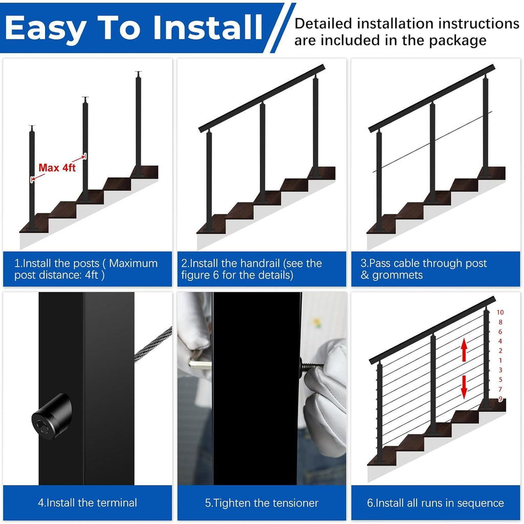 2ft-4ft Modular 36in Cable Railing System for Deck with Handrail