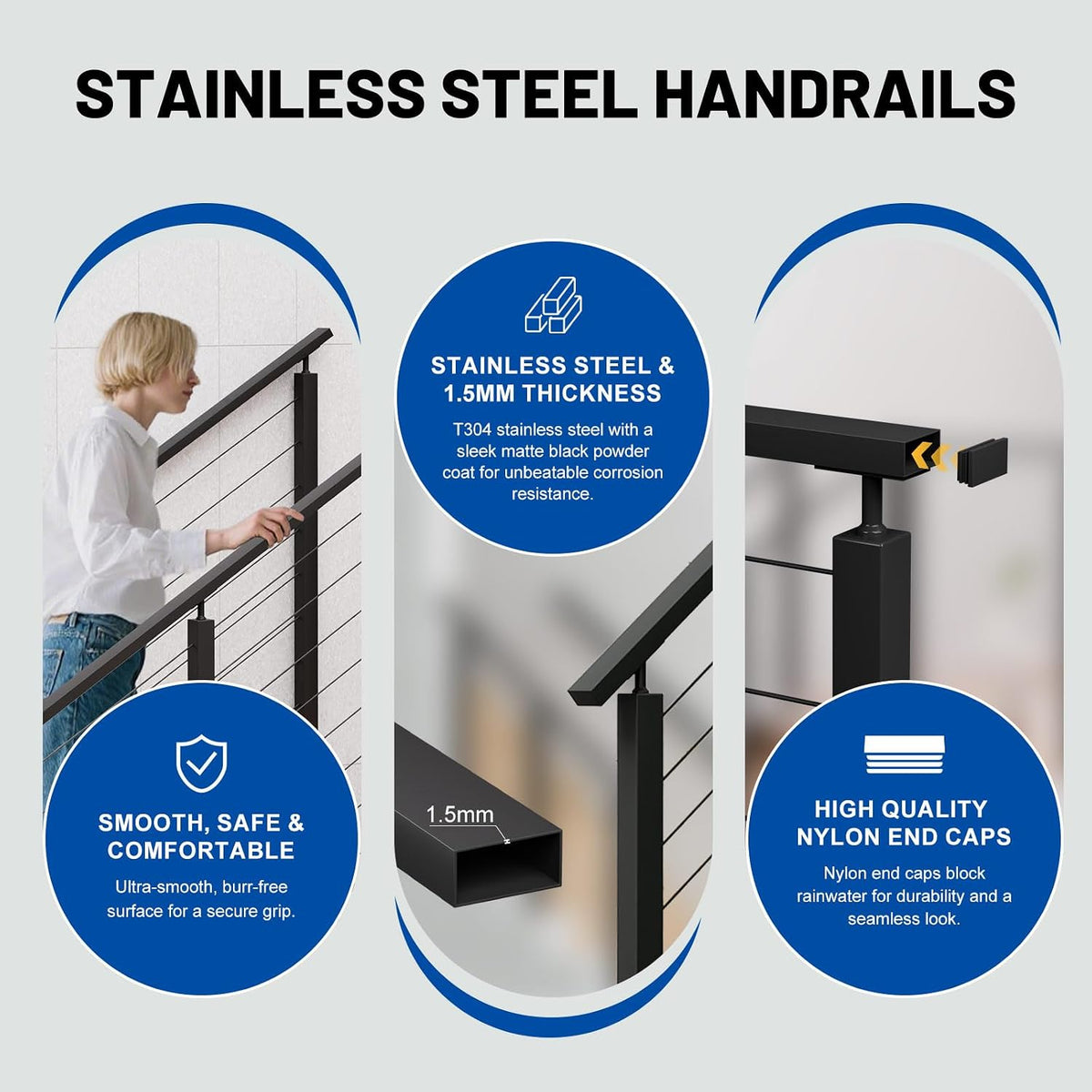 2Pack 8FT Black Cable Railing Handrail for Deck Stair Cable Railing System, T304 Stainless Steel Handrails with End Cap, Cuttable Rectangular Handrail Flat Top Rail for Indoor Outdoor