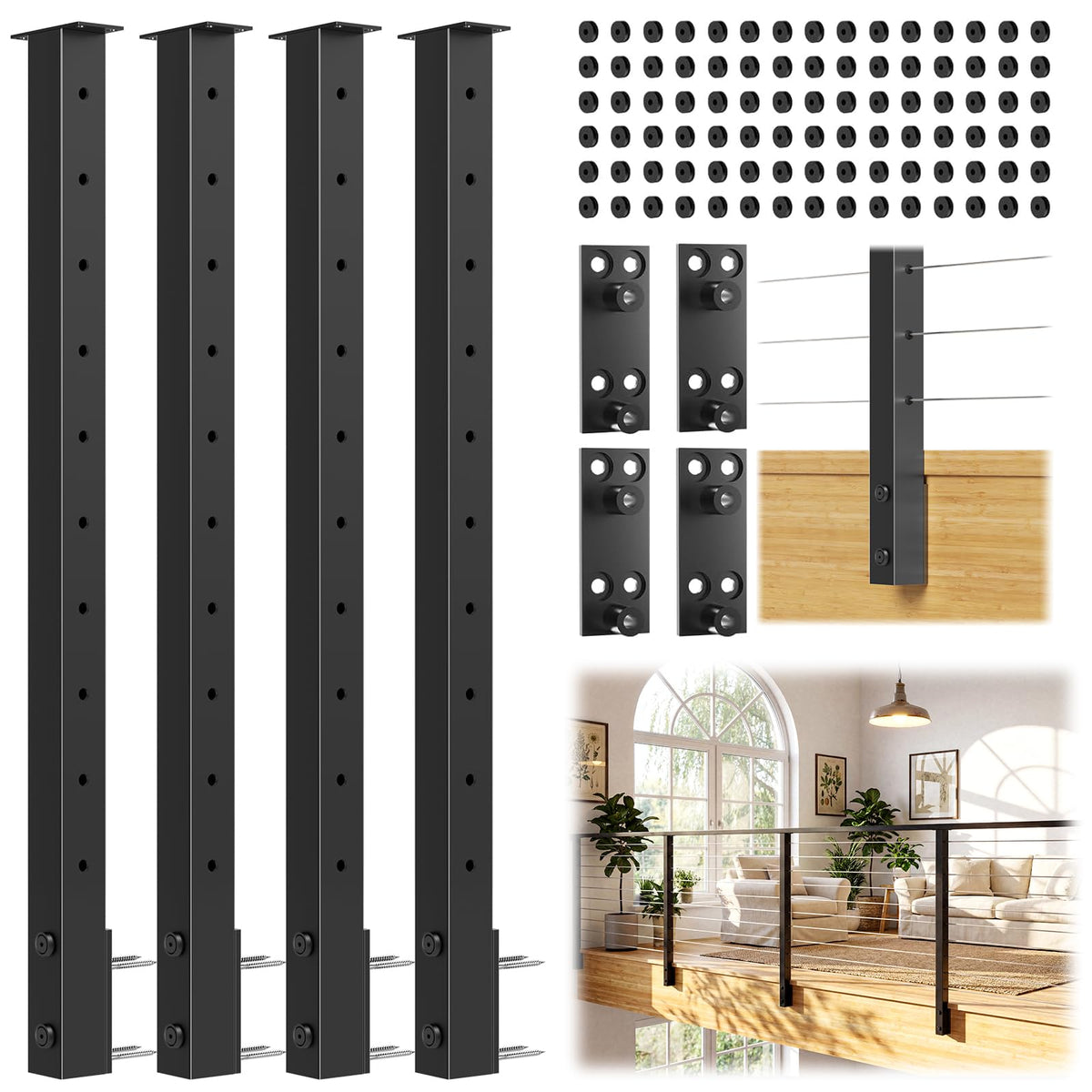 36" All Black Side Mount Stair Cable Railing Post Kits, 3 Pack Space-Saving Fascia Mount Stair Railing System Includes Side Mount Posts, 167FT Cable, 20 Swageless Patent Tensioner (No Handrail)