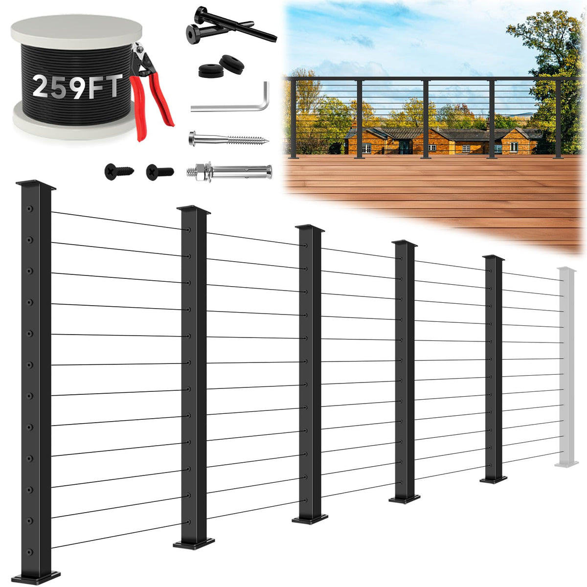 42" Modular 20-24FT Cable Railing Post Kit for Deck, Surface-Mount