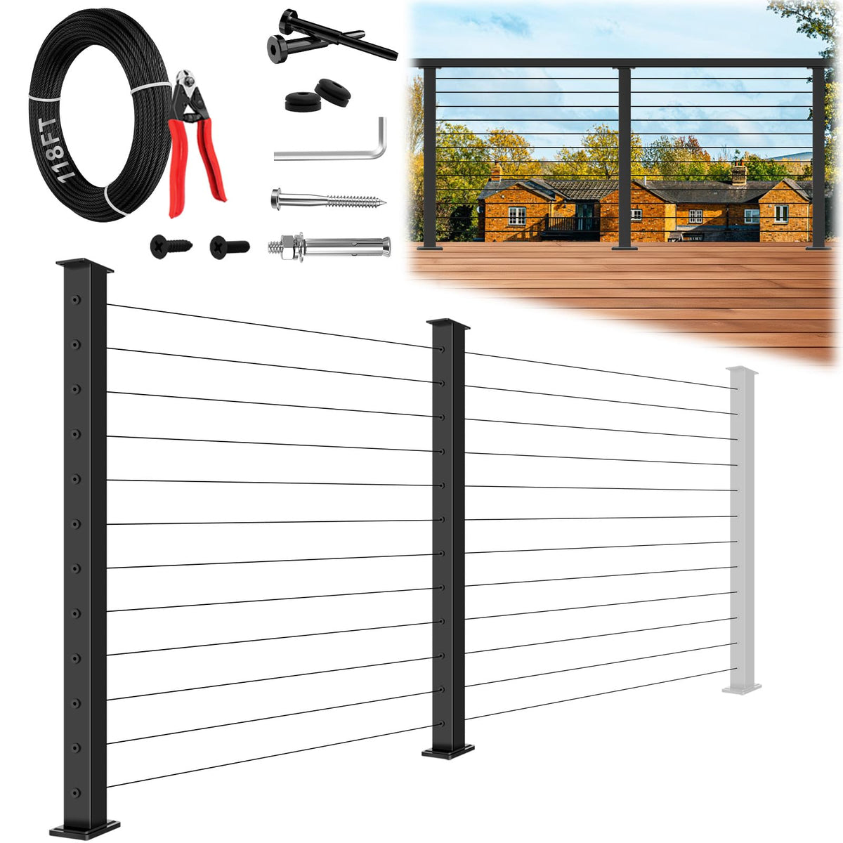 42" Modular 20-24FT Cable Railing Post Kit for Deck, Surface-Mount