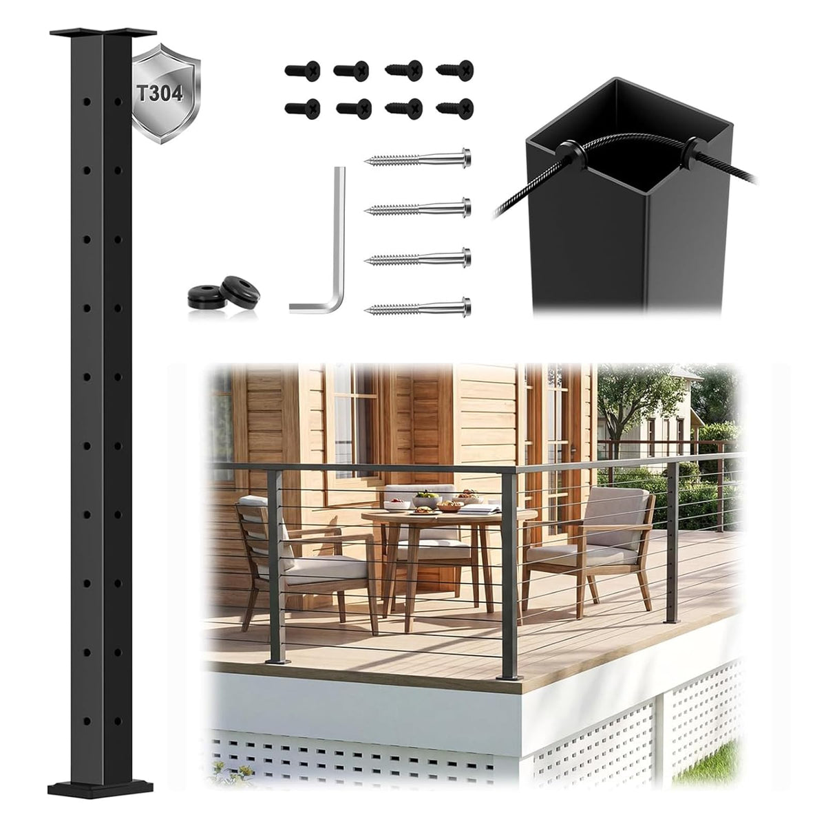 4 Pack 36" Modular Swageless Cable Railing Level Post for Decks