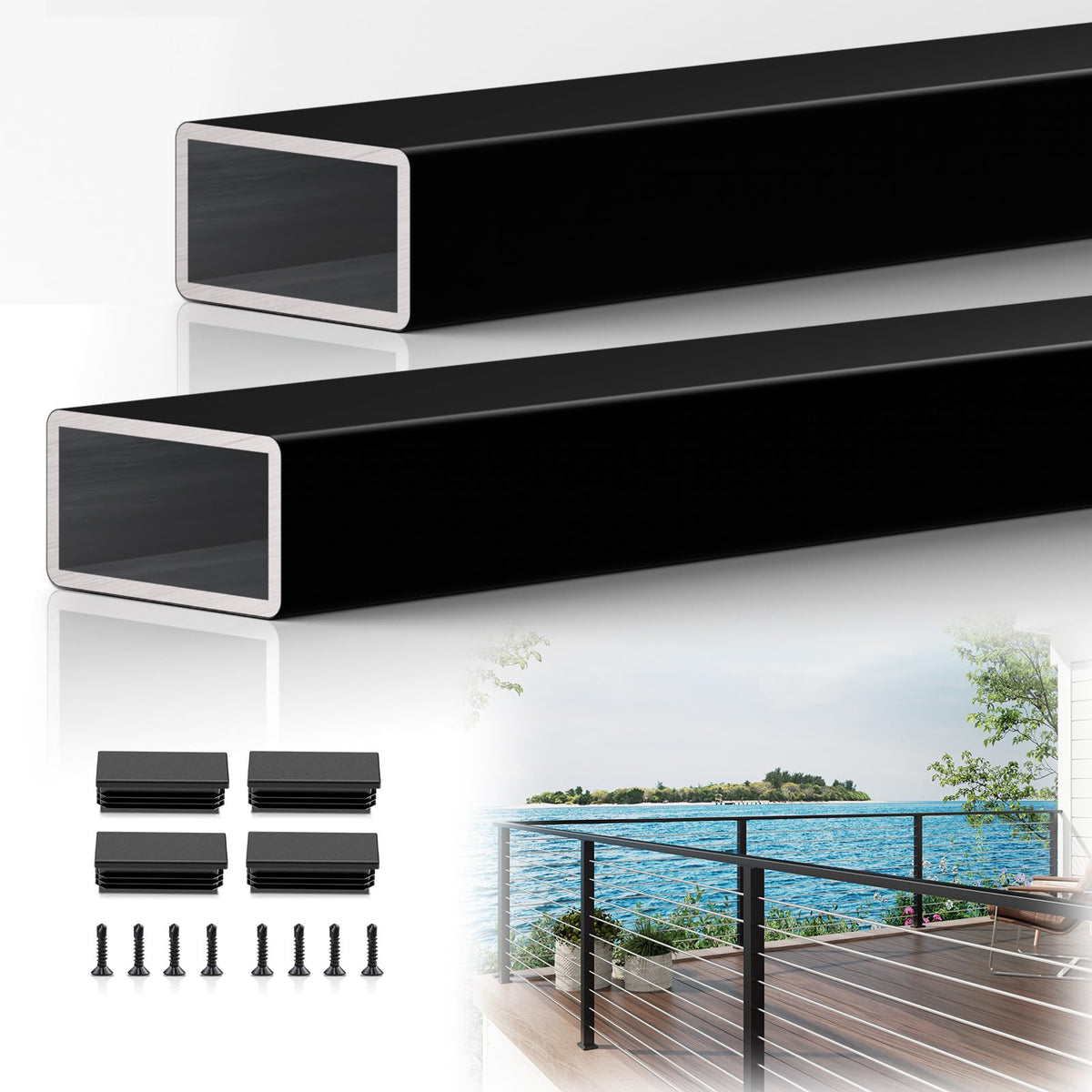 10FTx 2"x1" Aluminum Black Handrail with Self Drilling Screw Nylon End Caps