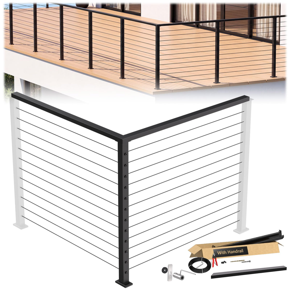 2ft-4ft Modular 42in Cable Railing System for Stair with Handrail