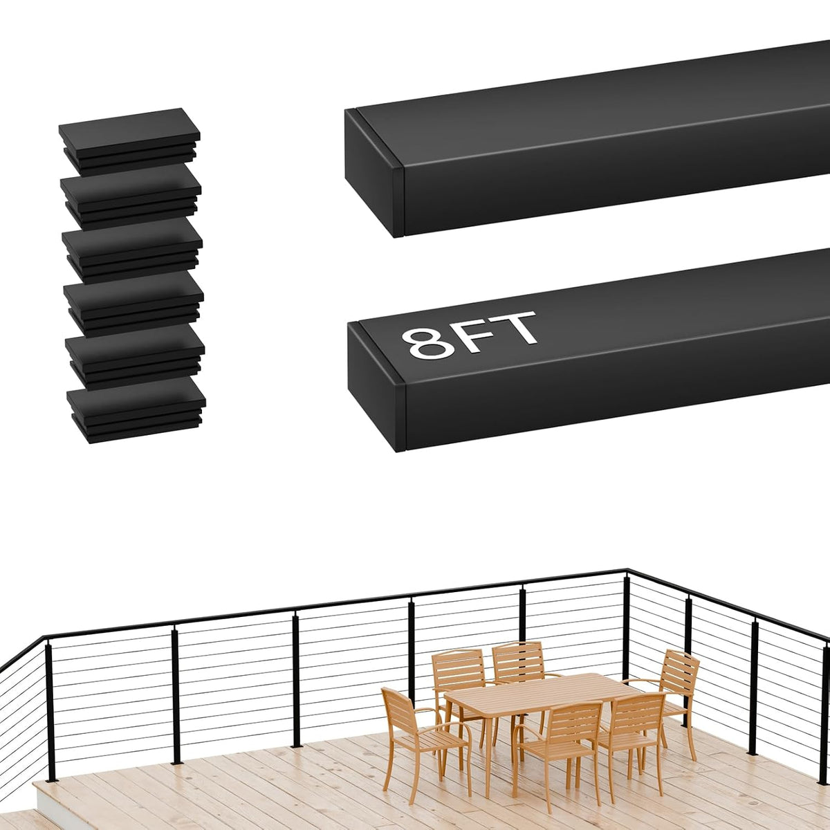 2Pack 8FT Black Cable Railing Handrail for Deck Stair Cable Railing System, T304 Stainless Steel Handrails with End Cap, Cuttable Rectangular Handrail Flat Top Rail for Indoor Outdoor