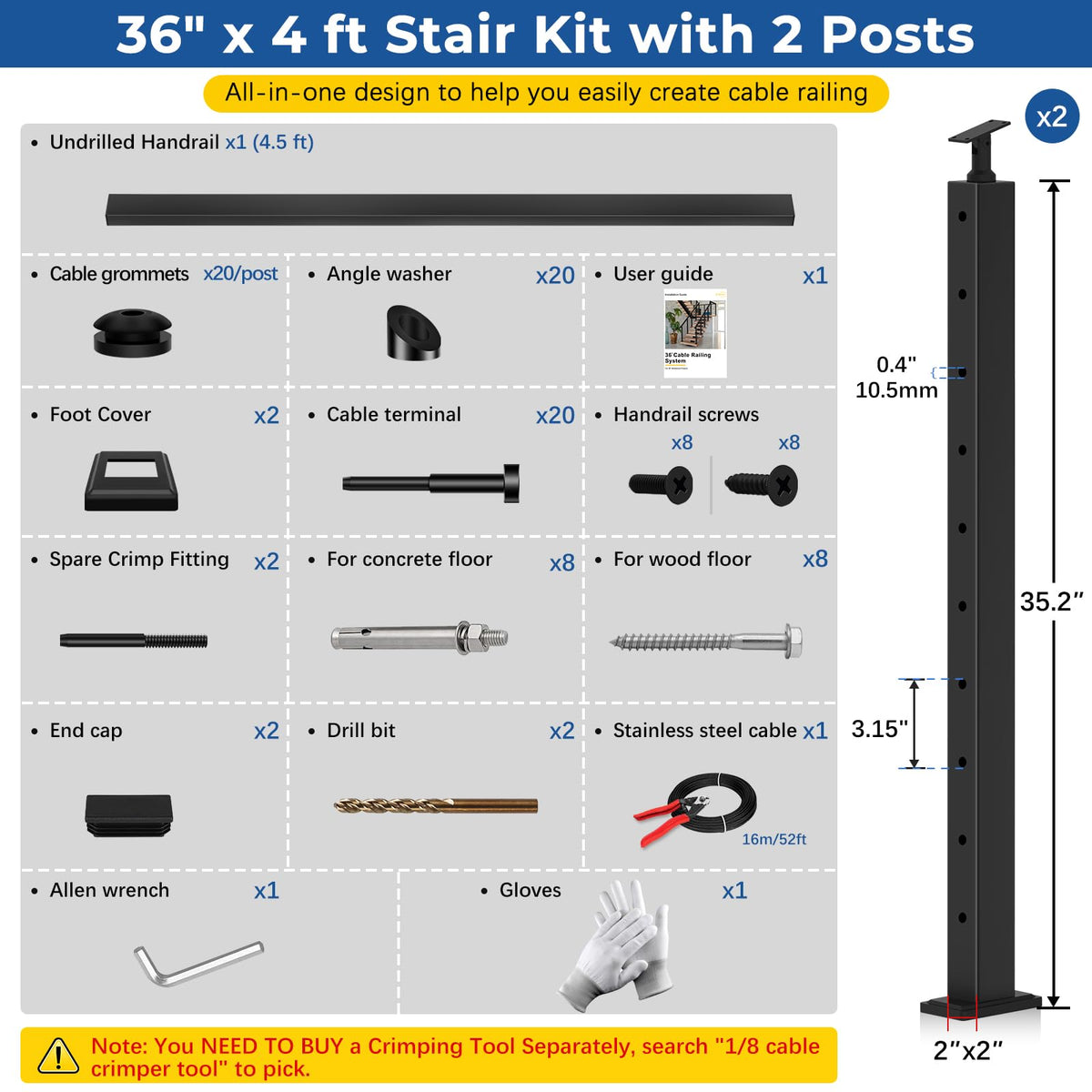 2ft-4ft Modular 36in Cable Railing System for Deck with Handrail