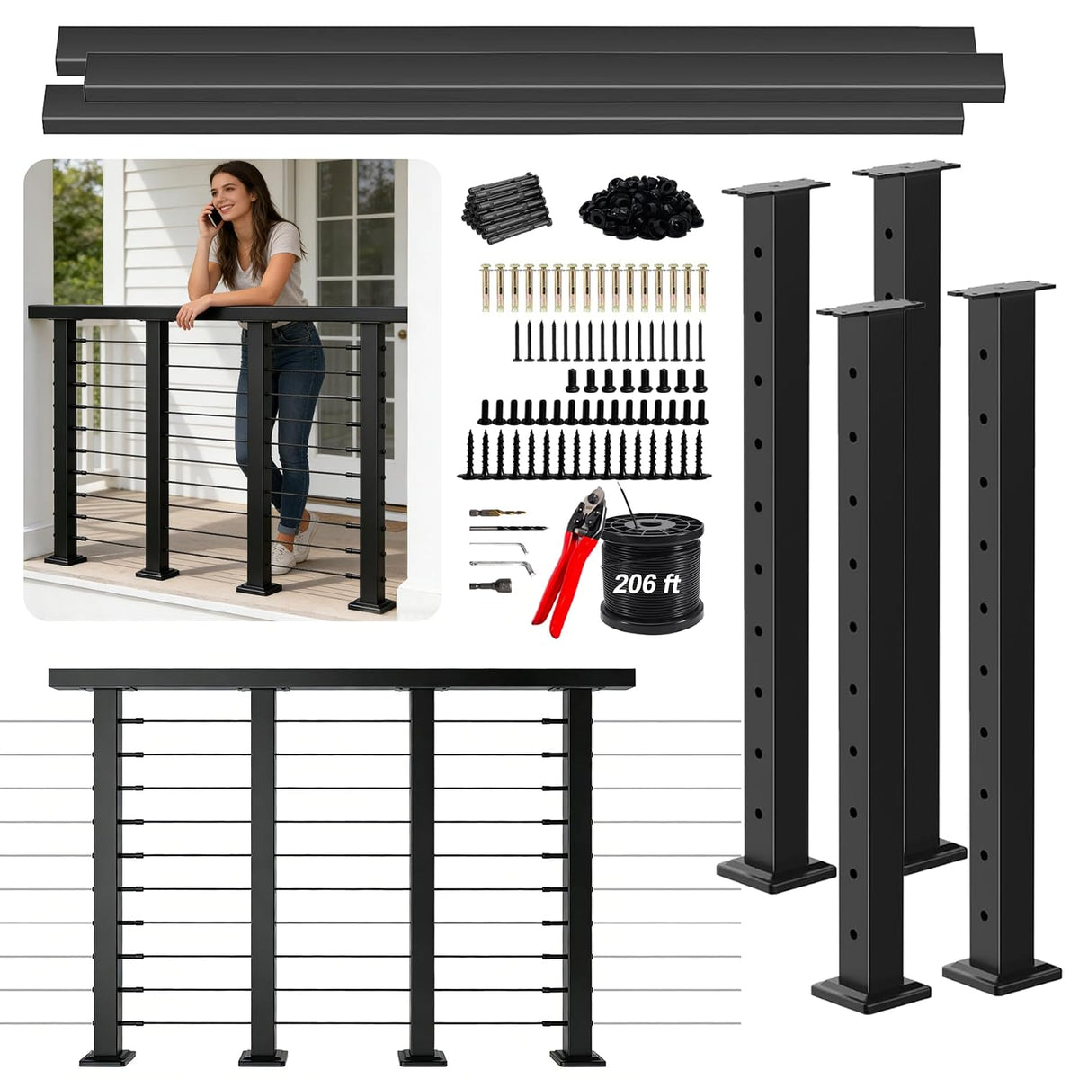 12-20 FT Black Cable Railing Post Kit with Handrail, 4 Pack 36" Level Posts