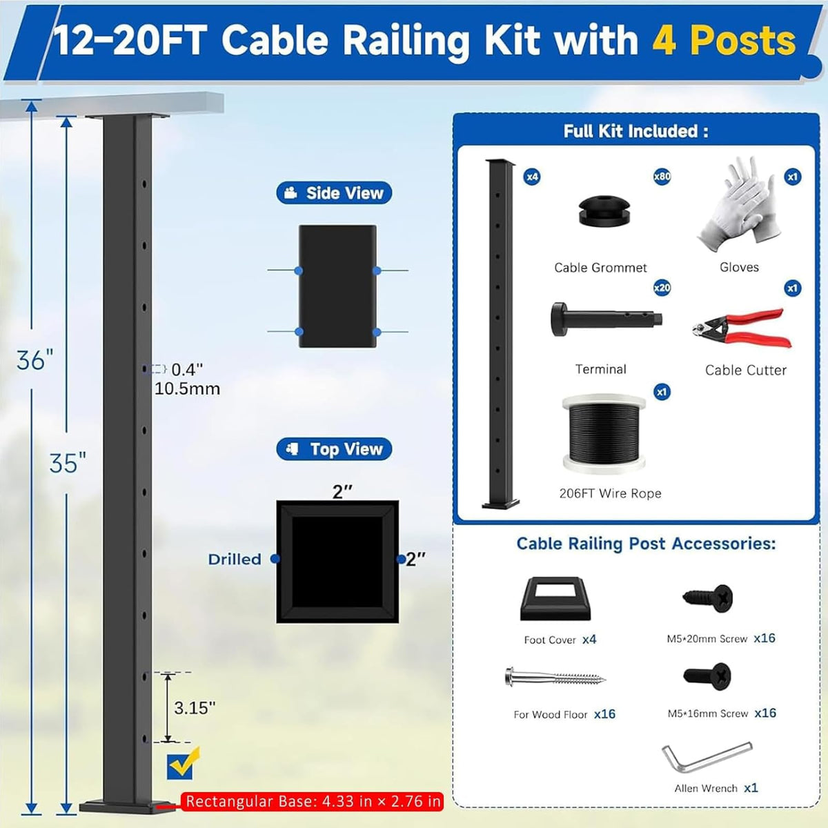 4 Pack 36" Modular Swageless Cable Railing Level Post for Decks