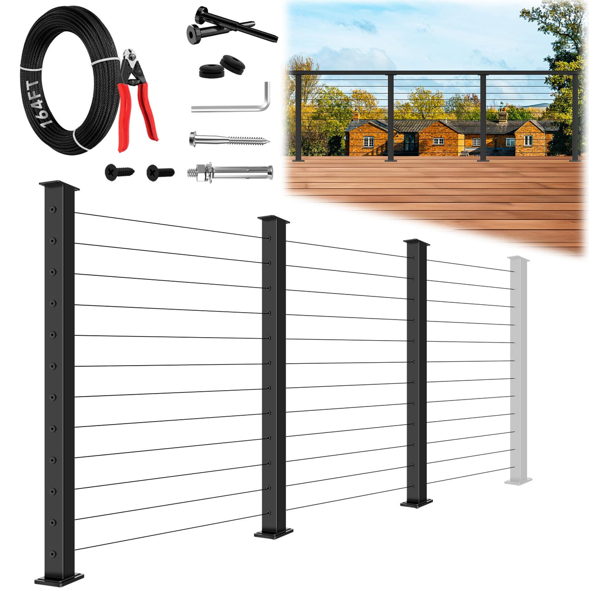 42" Modular 20-24FT Cable Railing Post Kit for Deck, Surface-Mount