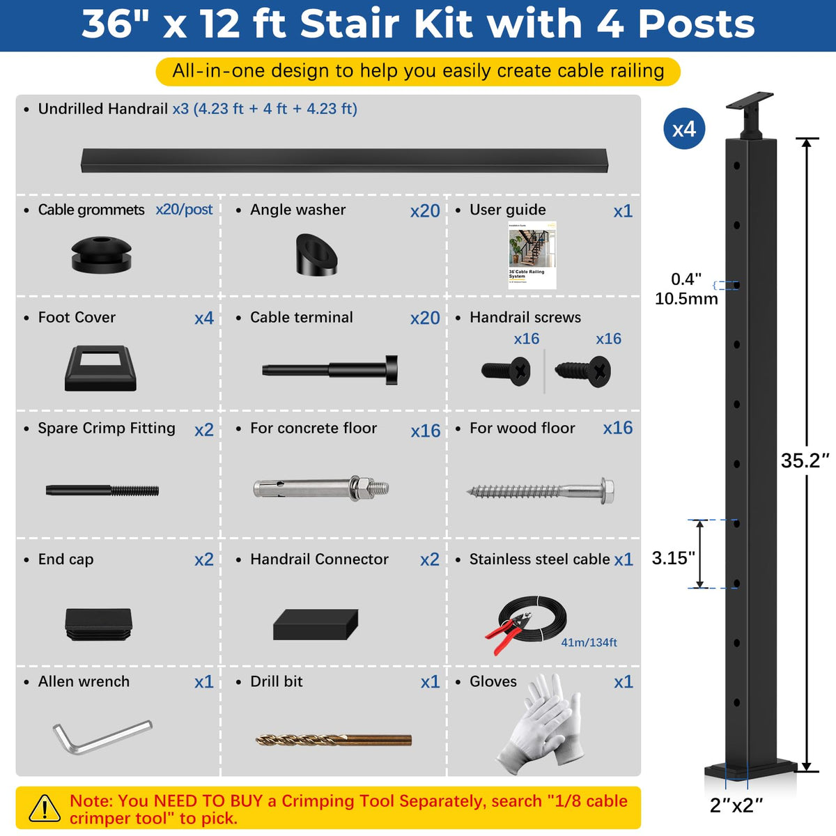 2ft-4ft Modular 36in Cable Railing System for Deck with Handrail
