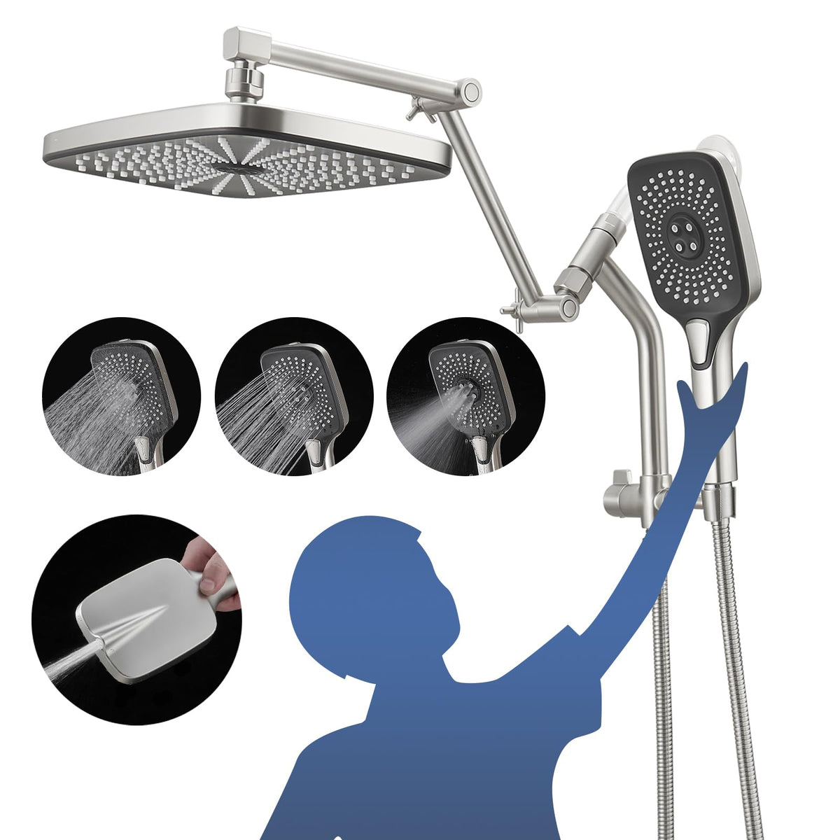 12" High Pressure Shower Head with Handheld, Metal Core Fittings, Chrome