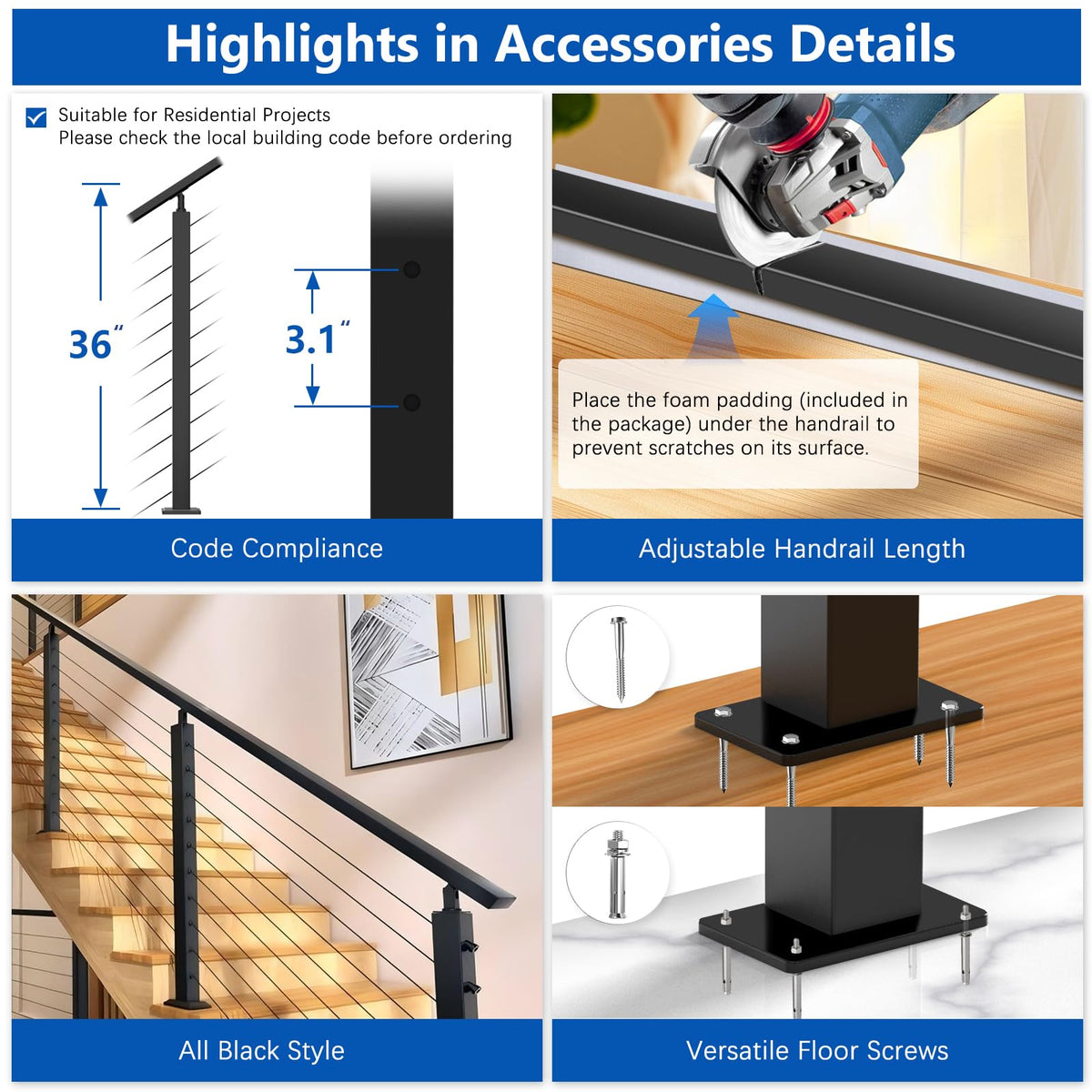 2ft-4ft Modular 36in Cable Railing System for Deck with Handrail