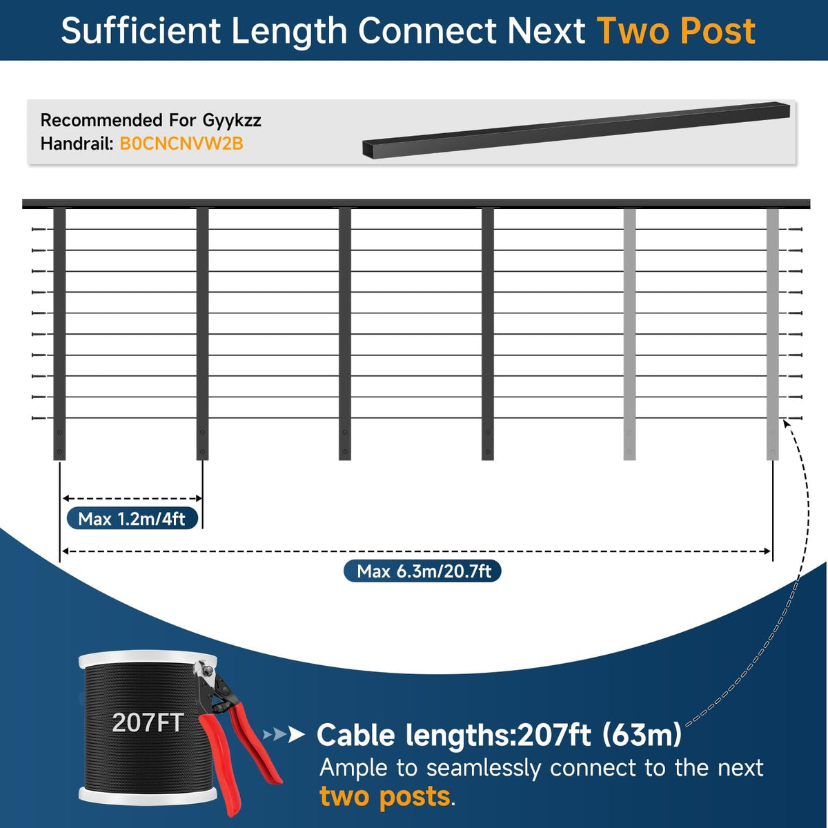 36" All Black Side Mount Stair Cable Railing Post Kits, 3 Pack Space-Saving Fascia Mount Stair Railing System Includes Side Mount Posts, 167FT Cable, 20 Swageless Patent Tensioner (No Handrail)
