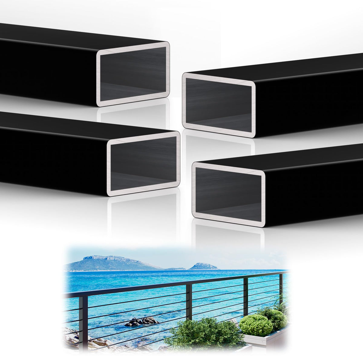 10FTx 2"x1" Aluminum Black Handrail with Self Drilling Screw Nylon End Caps