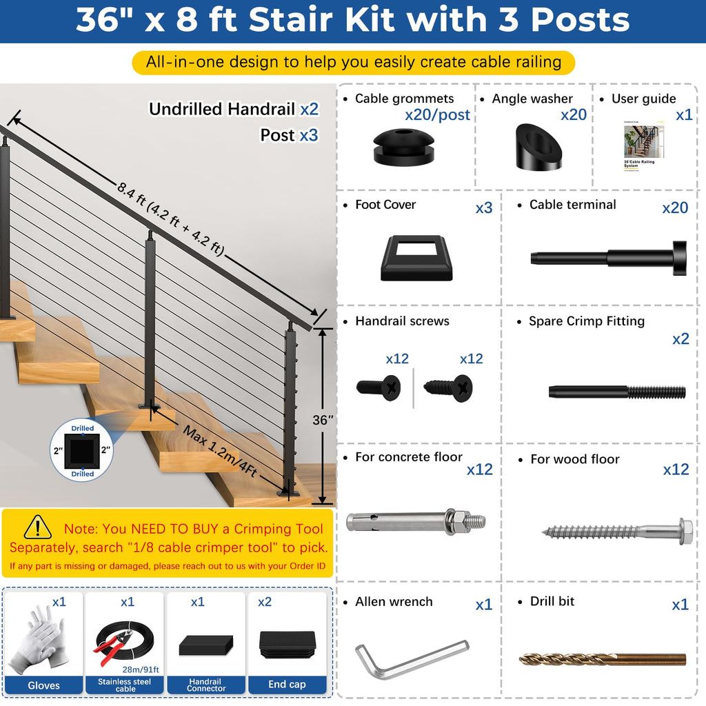 2ft-4ft Modular 36in Cable Railing System for Deck with Handrail