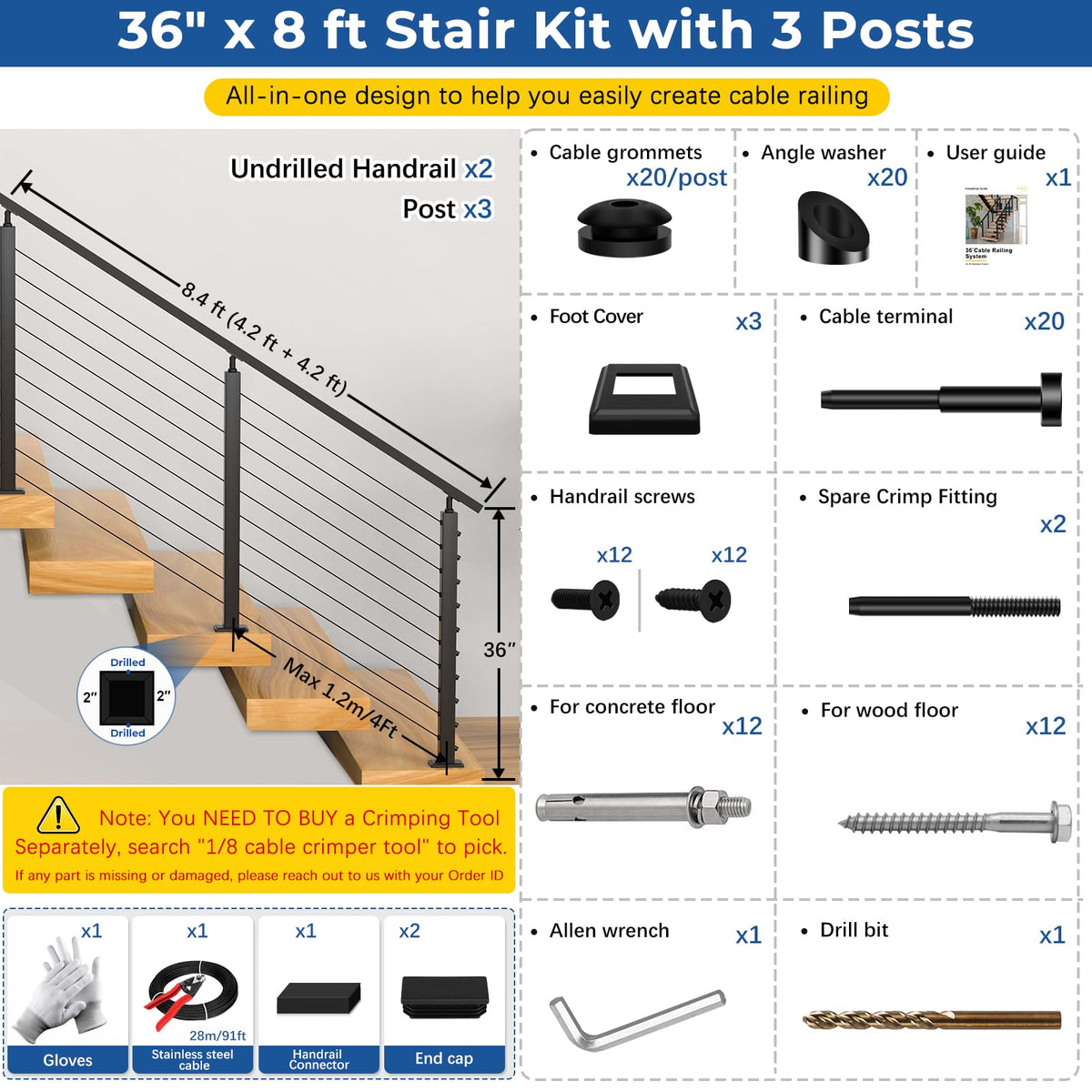 2ft-4ft Modular 36in Cable Railing System for Deck with Handrail