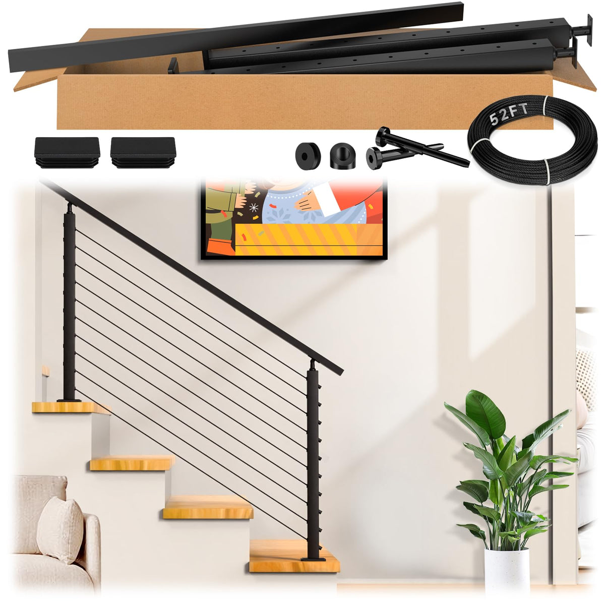 2ft-4ft Modular 36in Cable Railing System for Deck with Handrail