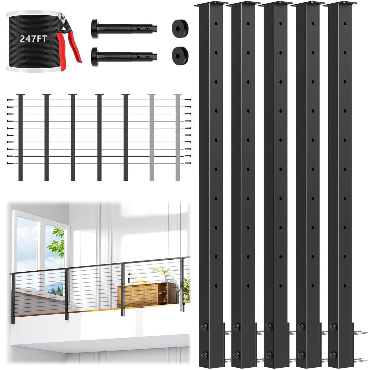 36" All Black Side Mount Stair Cable Railing Post Kits, 3 Pack Space-Saving Fascia Mount Stair Railing System Includes Side Mount Posts, 167FT Cable, 20 Swageless Patent Tensioner (No Handrail)