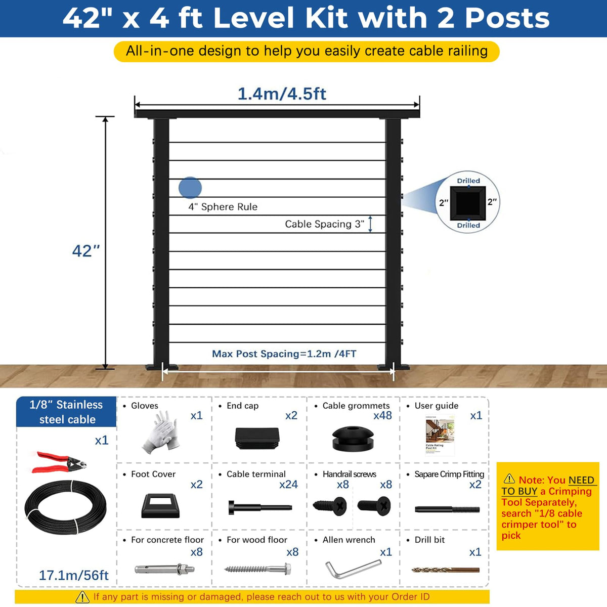 2ft-4ft Modular 42in Cable Railing System for Stair with Handrail