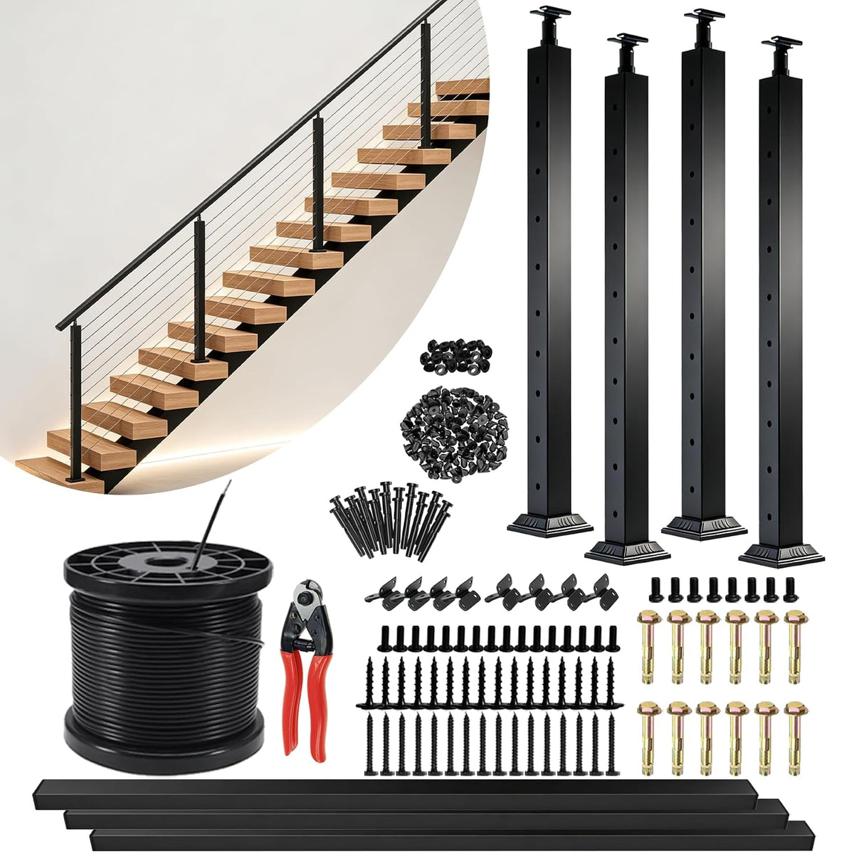 12-20FT Complete Cable Railing System 36" Stair Railing Posts with Handrail