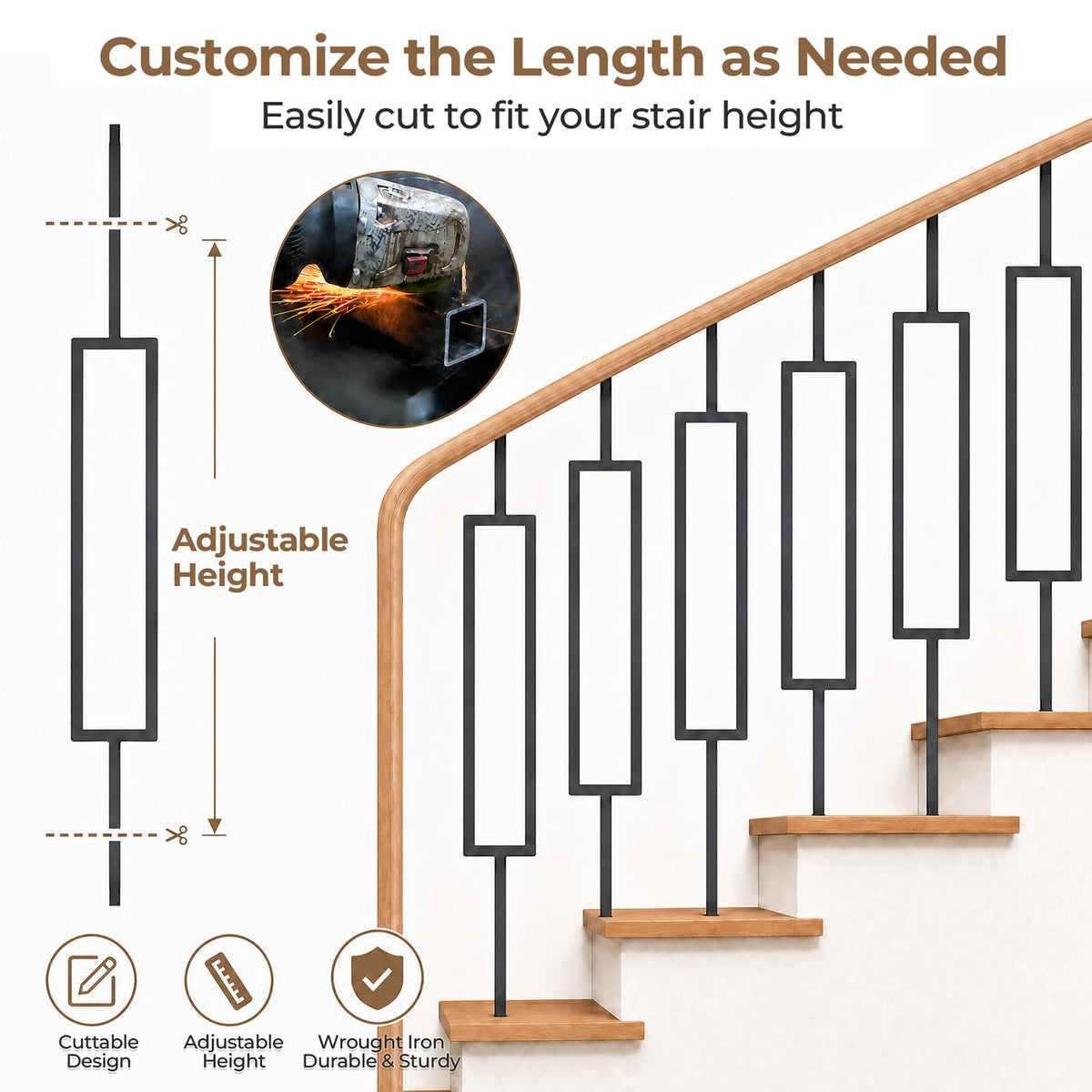 32 Pcs Wrought Iron Balusters for Staircase, 1/2" x 44" Inch Square Metal Stair Balusters for Interior Railing Remodel, Modern Black Straight Hollow Iron Baluster for Handrail Railing System
