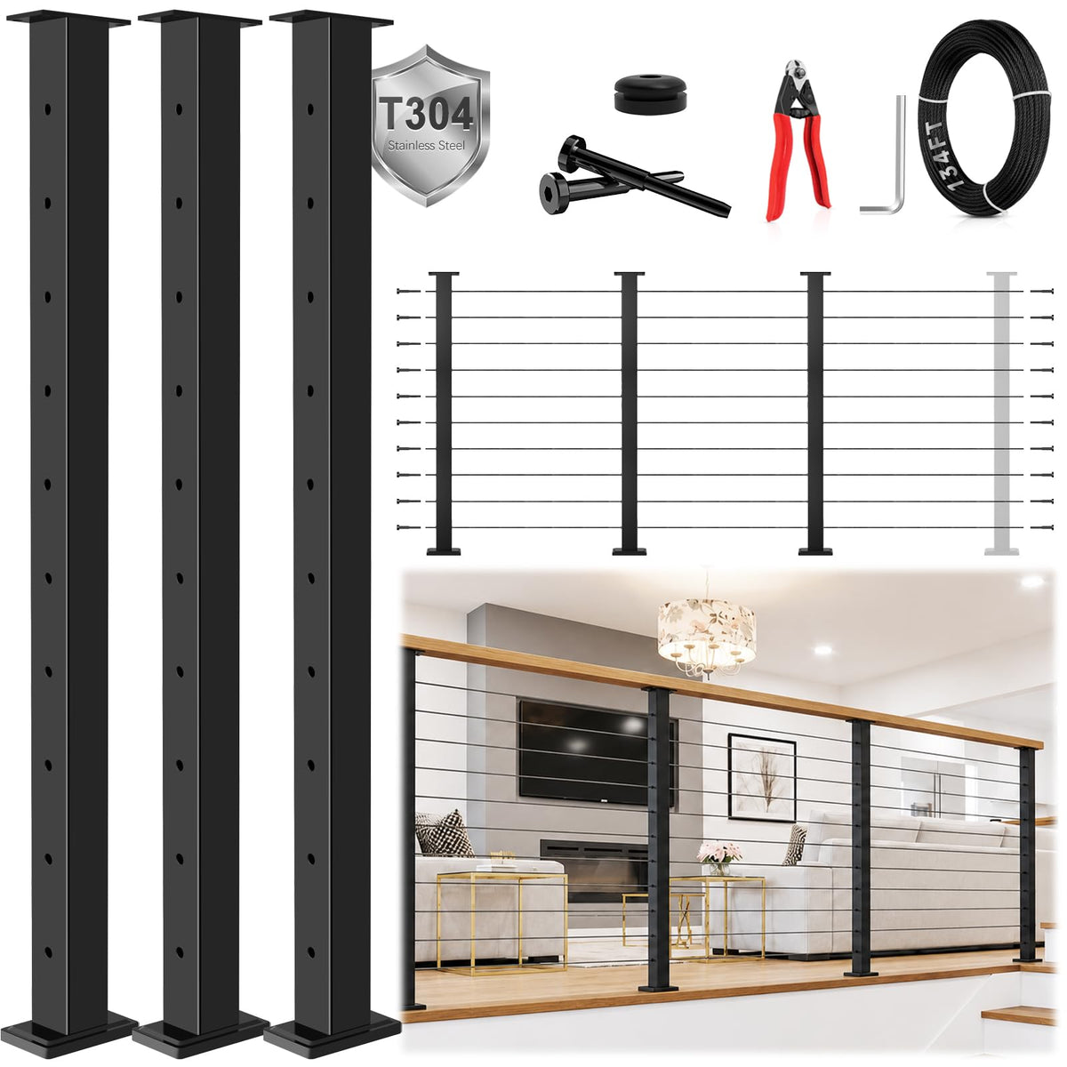 36" Modular 12-16FT Cable Railing Post Kit for Deck Surface Mount