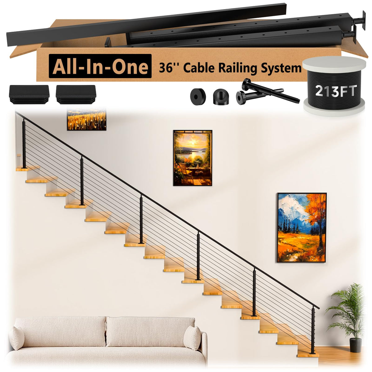 2ft-4ft Modular 36in Cable Railing System for Deck with Handrail