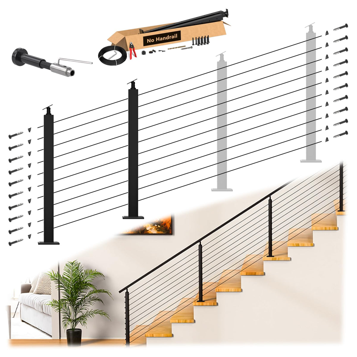 4 Pack 36" Modular Swageless Cable Railing Level Post for Decks
