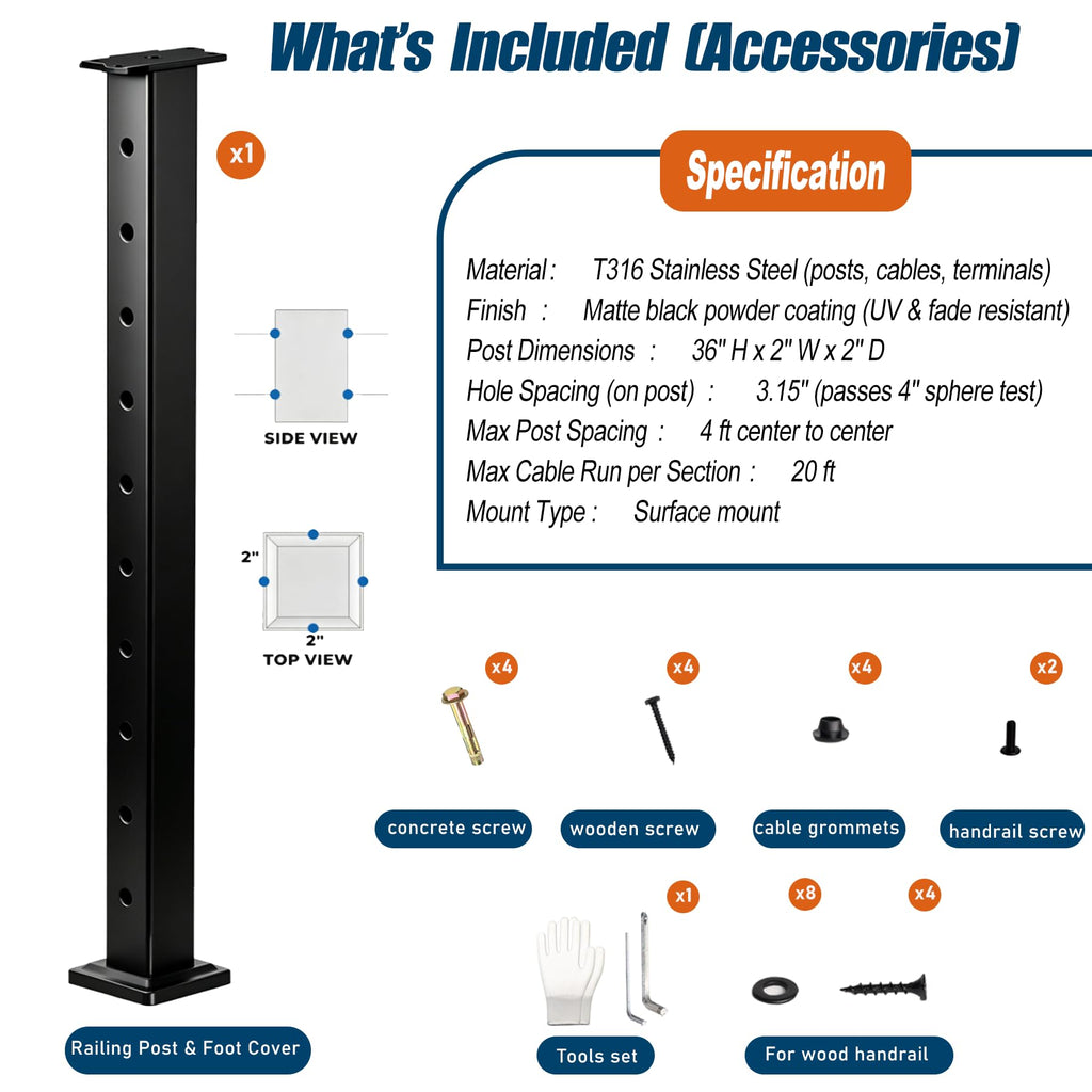 12FT-20FT Cable Railing System Post Kit with Handrail - 4PC 36" Level Posts