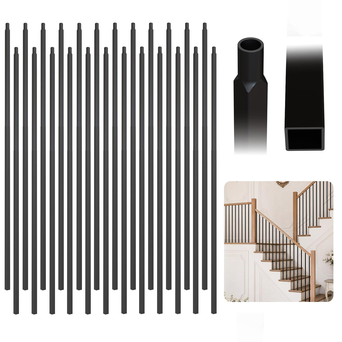 32 Pcs Wrought Iron Balusters for Staircase, 1/2" x 44" Inch Square Metal Stair Balusters for Interior Railing Remodel, Modern Black Straight Hollow Iron Baluster for Handrail Railing System