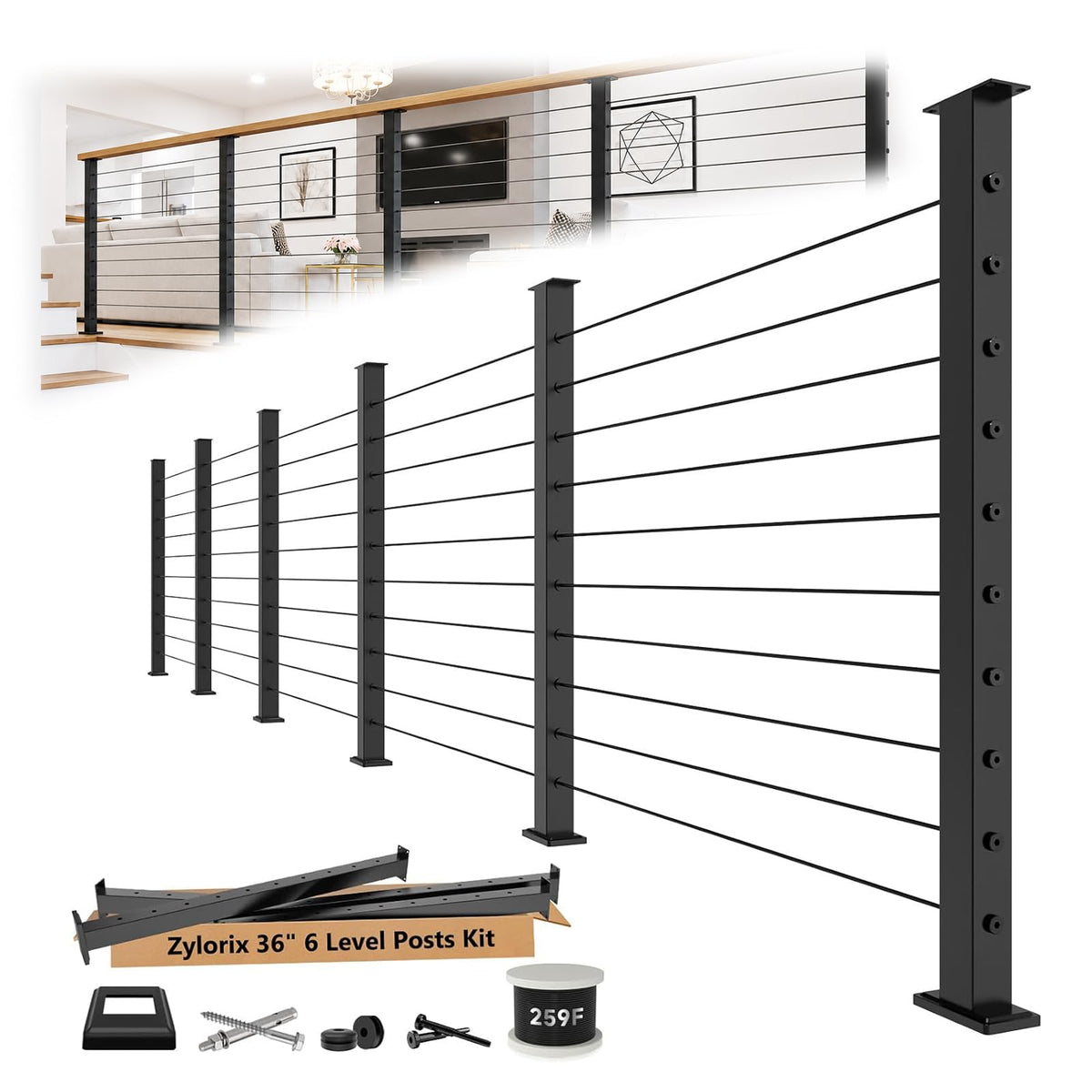 36" Modular 12-16FT Cable Railing Post Kit for Deck Surface Mount
