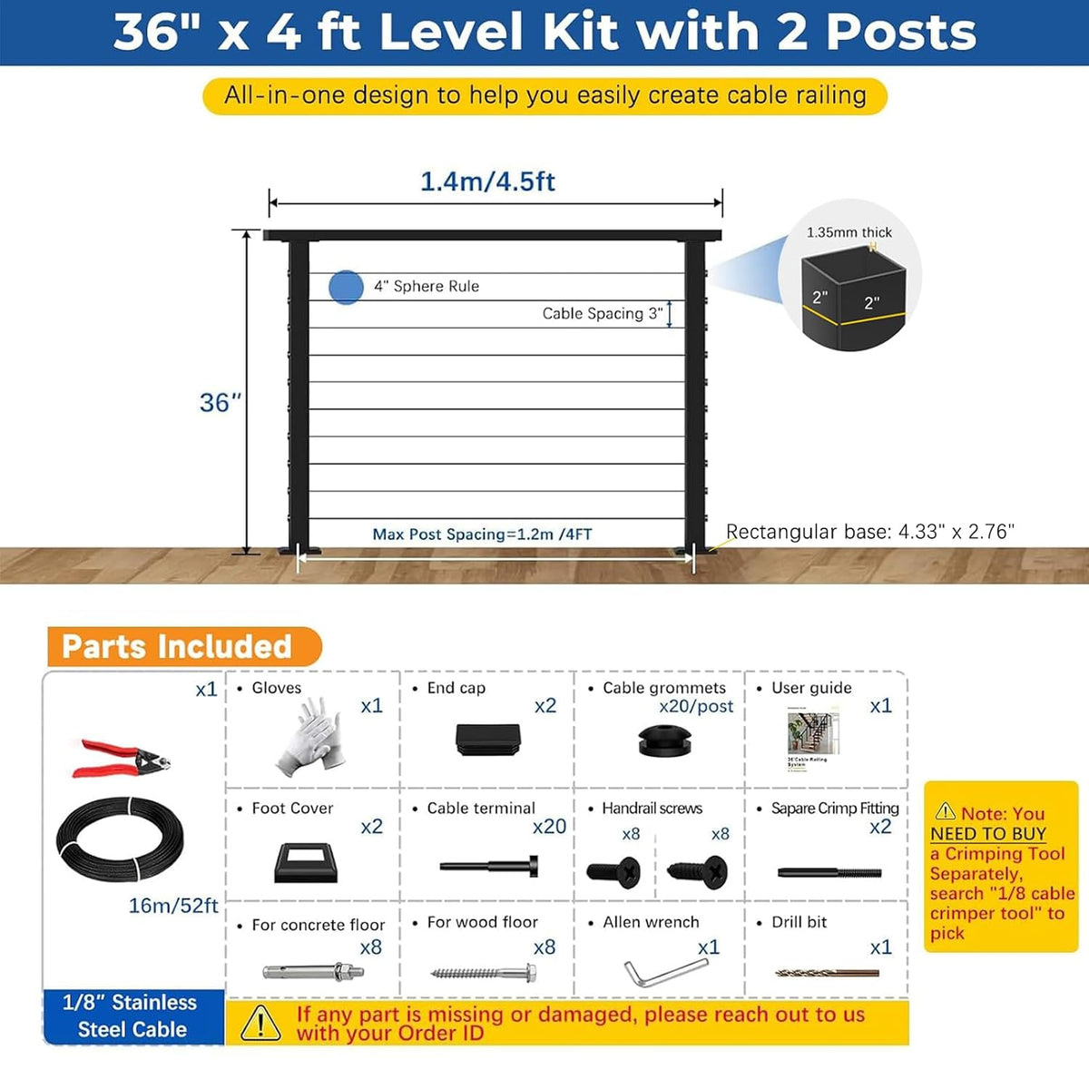 2ft-4ft Modular 36in Cable Railing System for Deck with Handrail